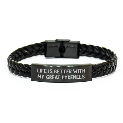 Funny Inspirational Great Pyrenees Dog Gifts for Men from Family, Interlaced Leather Bracelet with Quote 'Life Is Better With My Great Pyrenees', Father's Day Unique Present - Image 1
