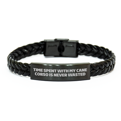 Cute Cane Corso Dog Gifts from Family - Interlaced Leather Bracelet for Men - Time Spent with Cane Corso Is Never Wasted, Father's Day Unique Gifts for Friends, Coworkers, and Loved Ones - Image 1
