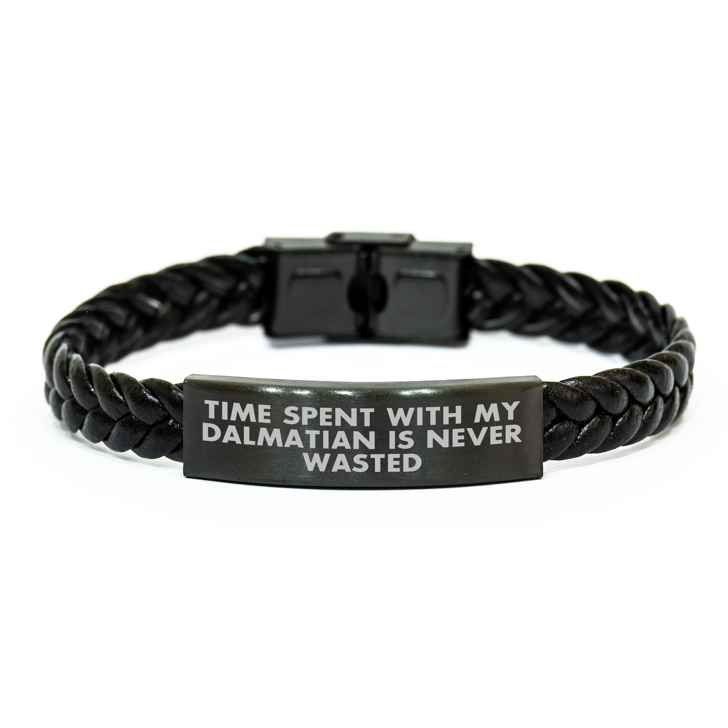 Dalmatian Dog Lovers' Interlaced Leather Bracelets, Gifts from Family for Dalmatian Dog Fathers on Father's Day, Time Spent with My Dalmatian Is Never Wasted, Funny Quote - Image 1