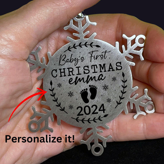 Baby's First Christmas Personalized Laser Engraved Stainless Steel Snowflake Christmas Tree Ornament - Mallard Moon Gift Shop