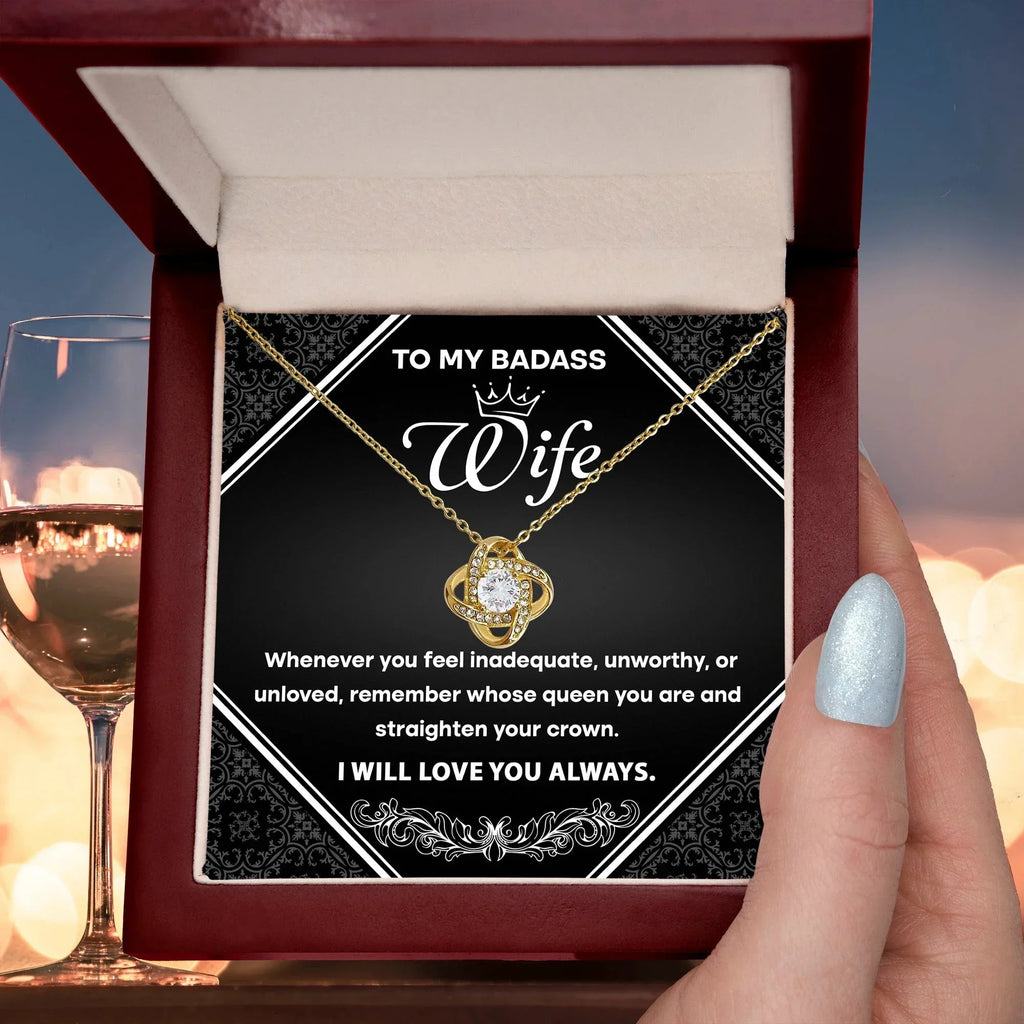 To My Badass Wife - Romantic Love Knot Necklace with Message Card - Empowering Gift for the Queen of My Heart