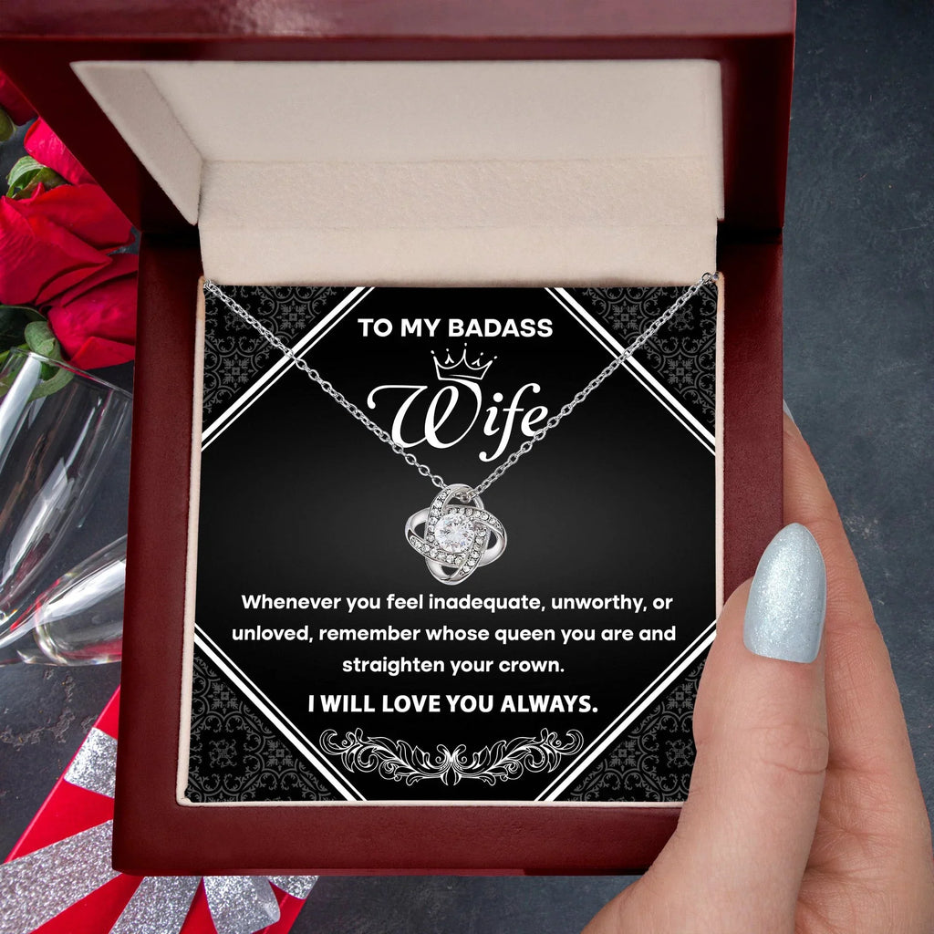 To My Badass Wife - Romantic Love Knot Necklace with Message Card - Empowering Gift for the Queen of My Heart