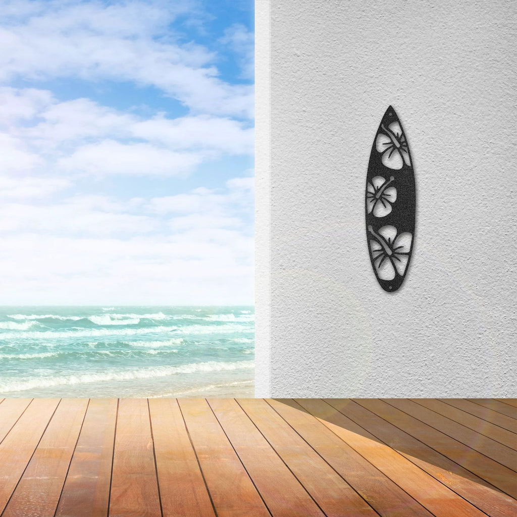 Surfboard Metal Wall Art – Coastal Beach Decor – Tropical Hibiscus Surfboard Wall Hanging – Outdoor Metal Wall Art