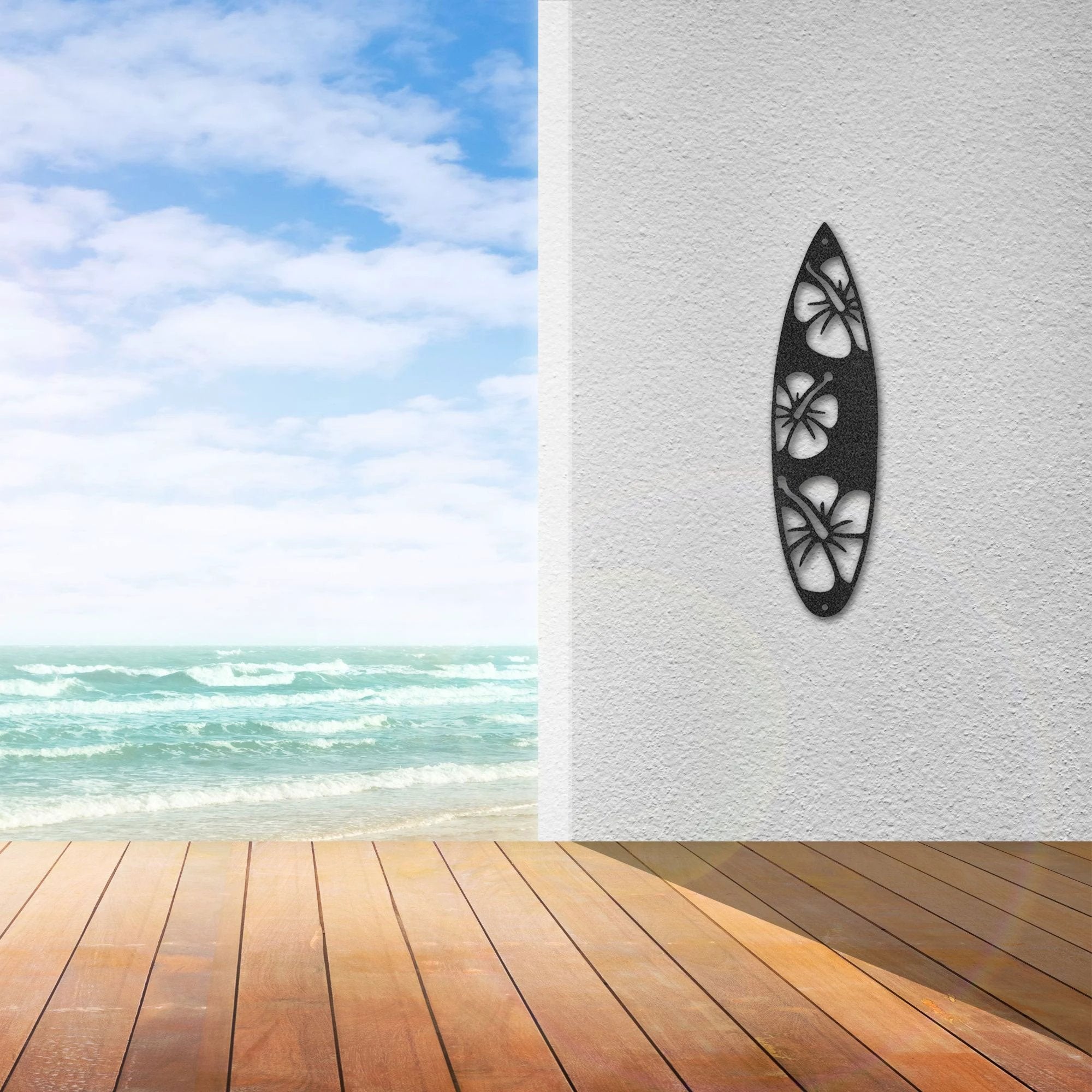 Surfboard Metal Wall Art – Coastal Beach Decor – Tropical Hibiscus Surfboard Wall Hanging – Outdoor Metal Wall Art
