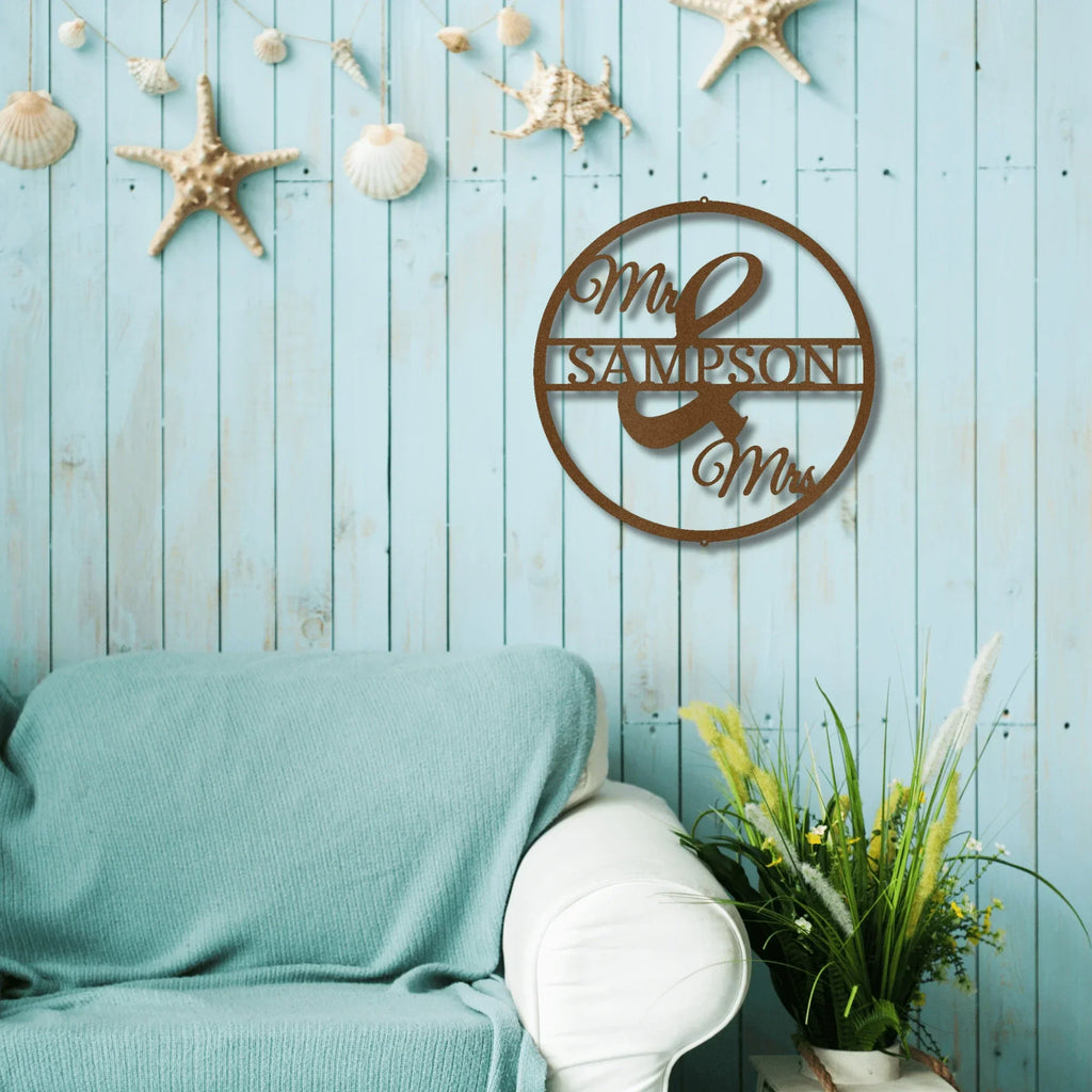 Mr and Mrs Circle Custom Name Steel Wall Sign