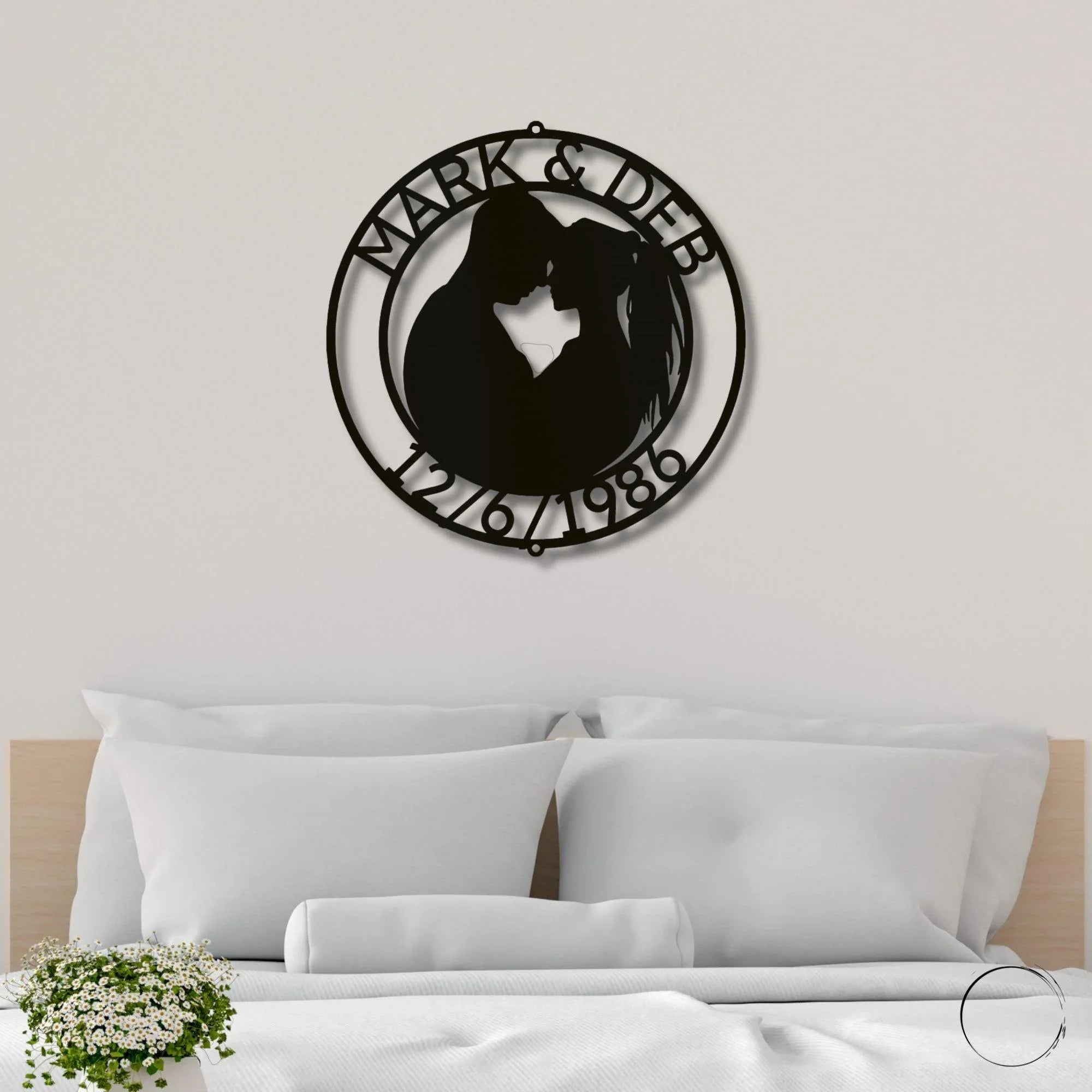 Couple Silhouette Sweetheart Custom Monogram Name Metal Wall Art