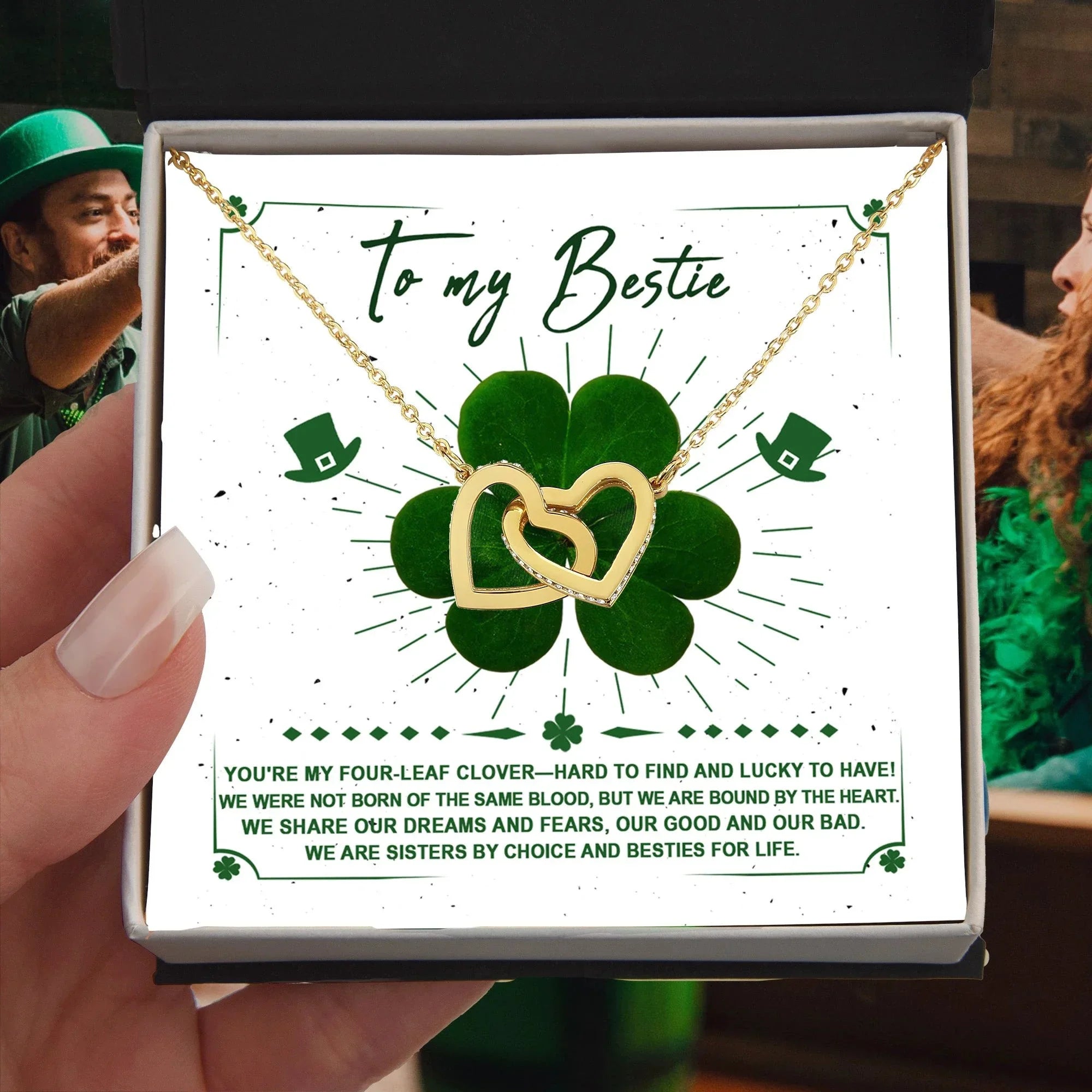 Lucky Four-Leaf Clover Best Friend Gift – Interlocking Hearts Necklace