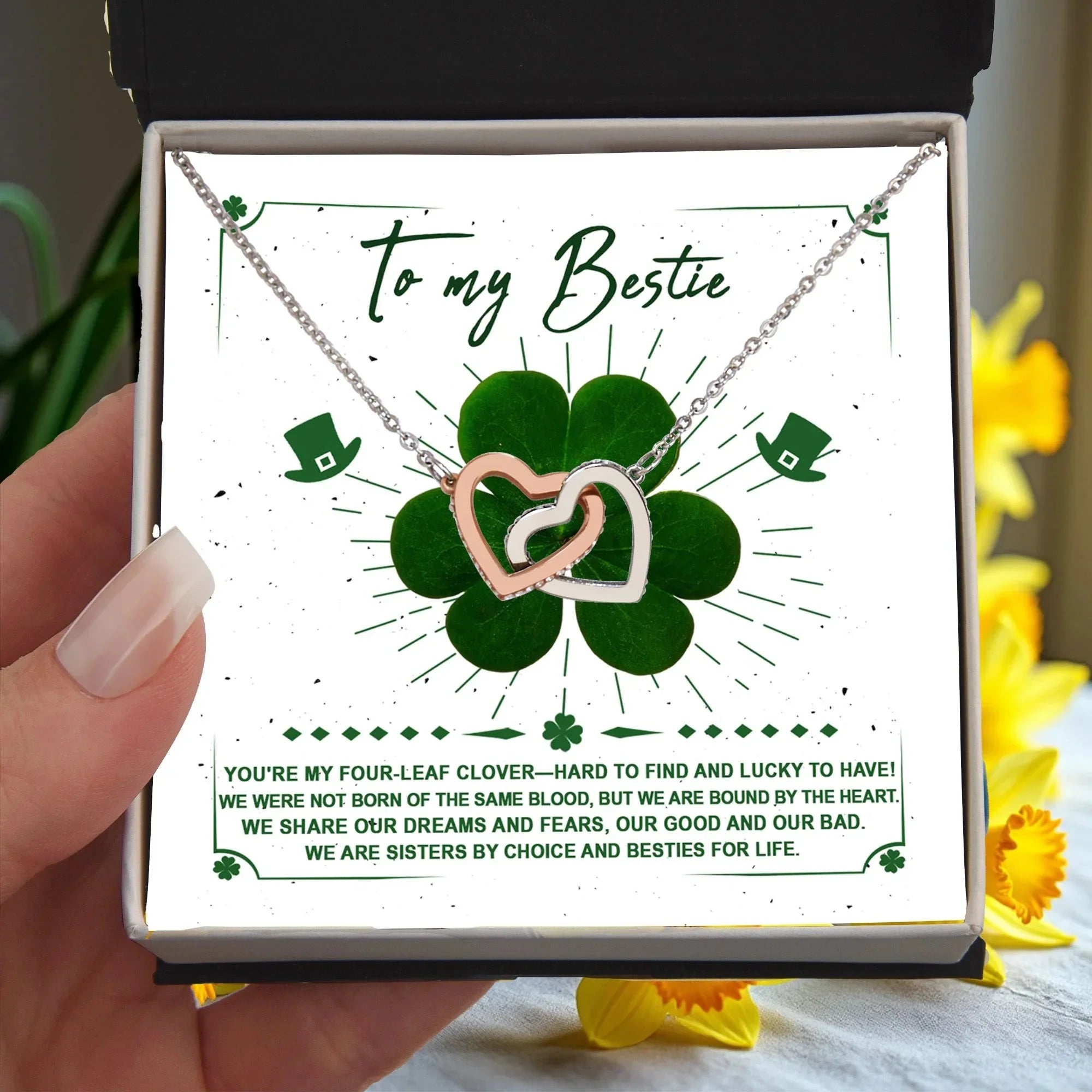 Lucky Four-Leaf Clover Best Friend Gift – Interlocking Hearts Necklace