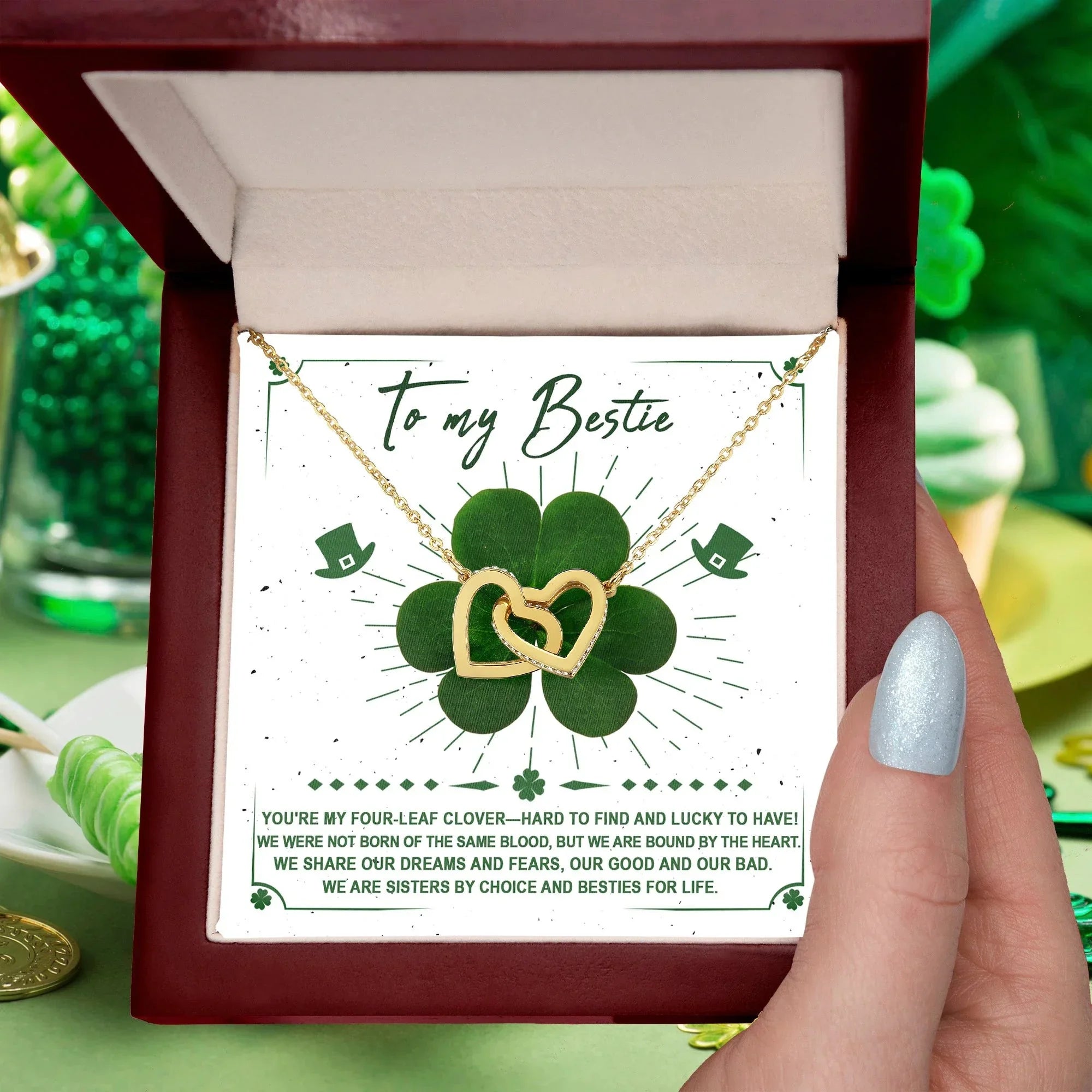 Lucky Four-Leaf Clover Best Friend Gift – Interlocking Hearts Necklace
