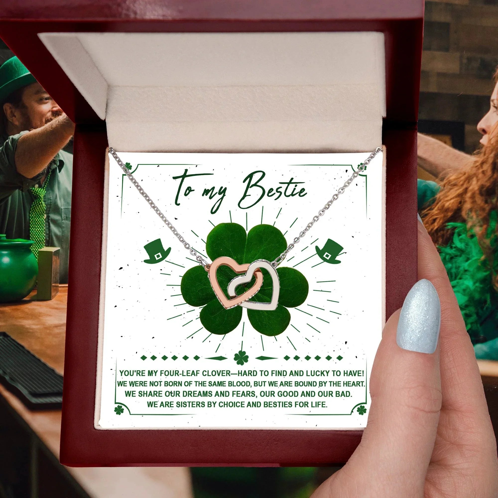 Lucky Four-Leaf Clover Best Friend Gift – Interlocking Hearts Necklace