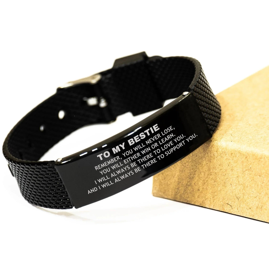Bestie Gifts, To My Bestie Remember, you will never lose. You will either WIN or LEARN, Keepsake Black Glidelock Clasp Bracelet For Bestie Engraved, Birthday Christmas Gifts Ideas For Bestie X-mas Gifts