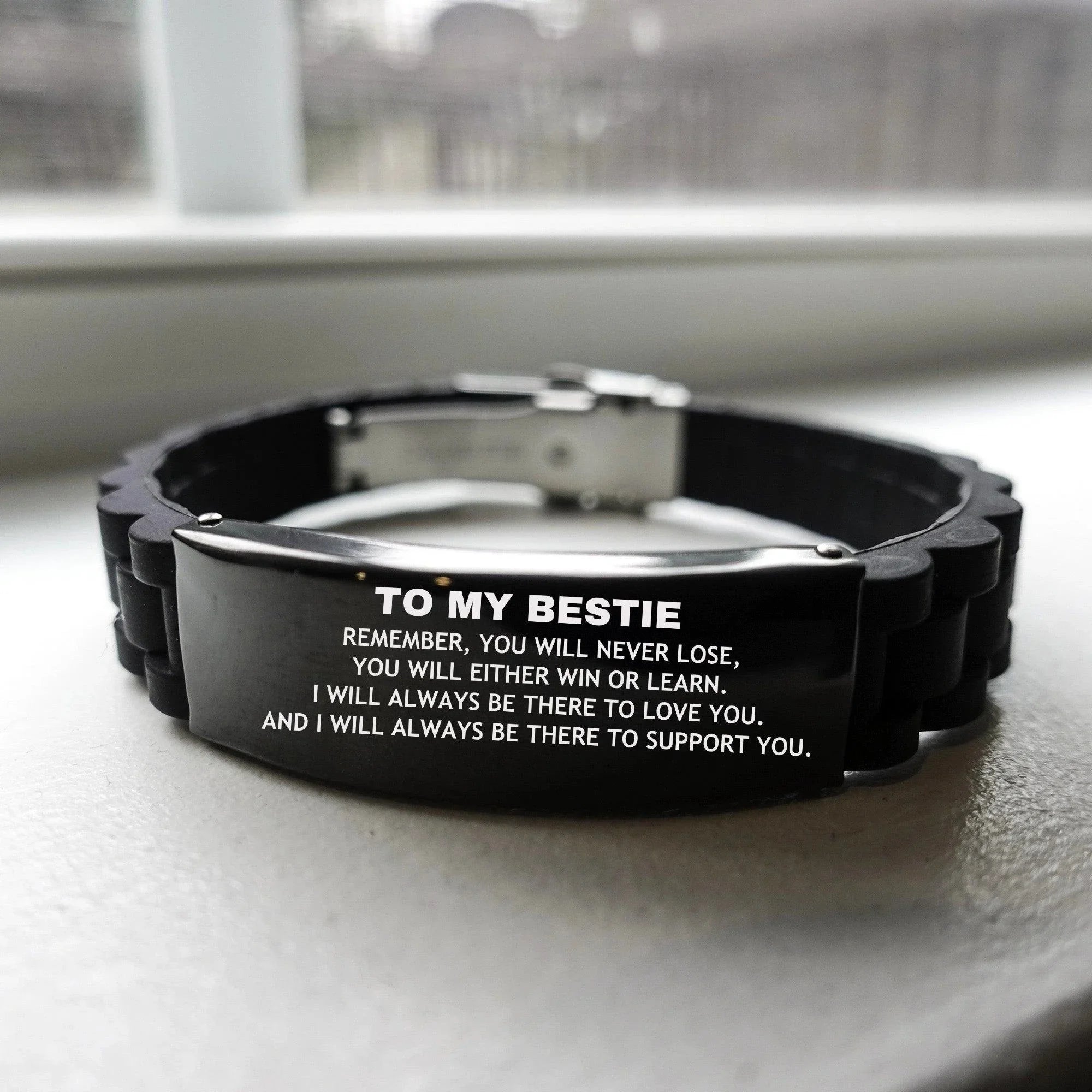 Bestie Gifts, To My Bestie Remember, you will never lose. You will either WIN or LEARN, Keepsake Black Glidelock Clasp Bracelet For Bestie Engraved, Birthday Christmas Gifts Ideas For Bestie X-mas Gifts