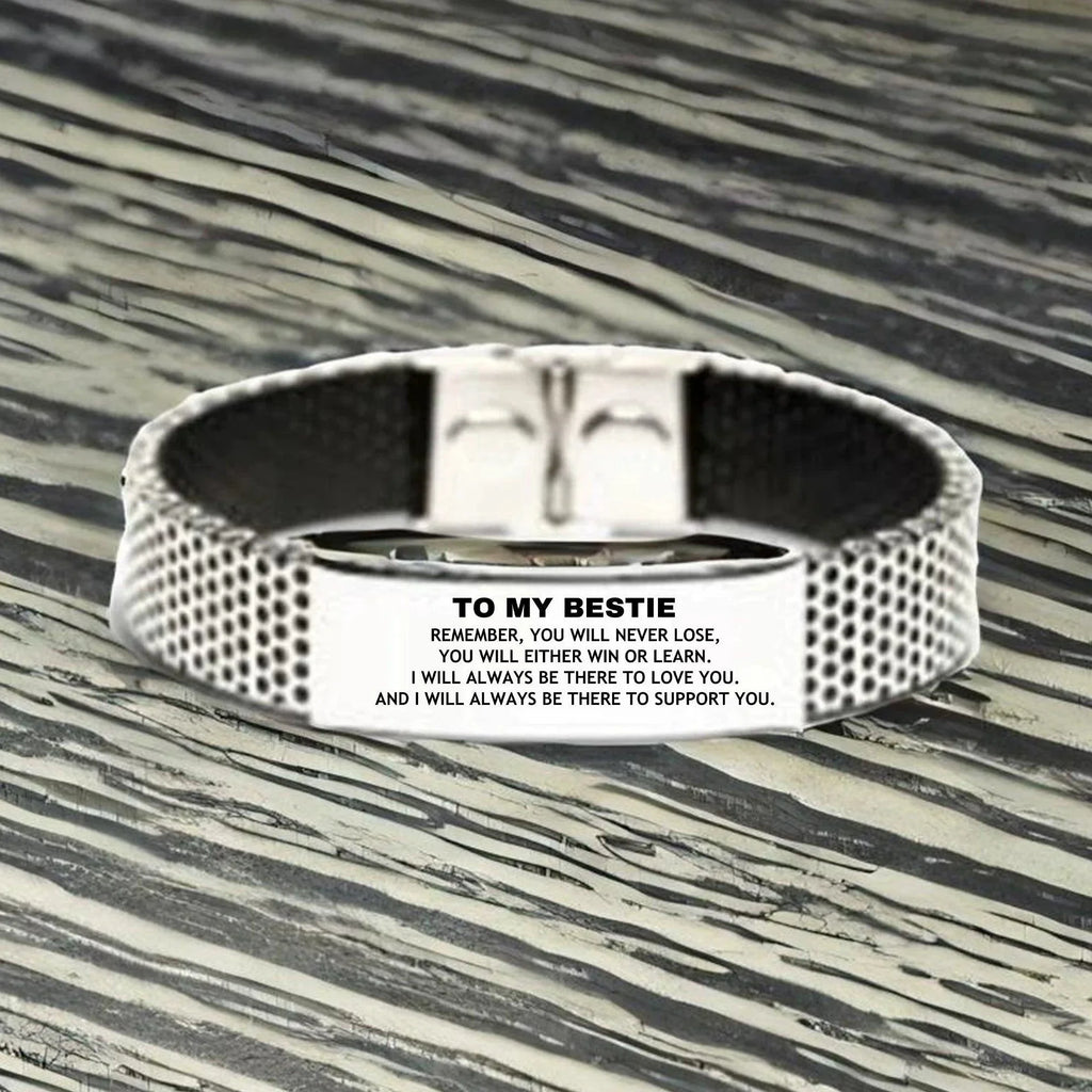 Bestie Gifts, To My Bestie Remember, you will never lose. You will either WIN or LEARN, Keepsake Stainless Steel Bracelet For Bestie Engraved, Birthday Christmas Gifts Ideas For Bestie X-mas Gifts