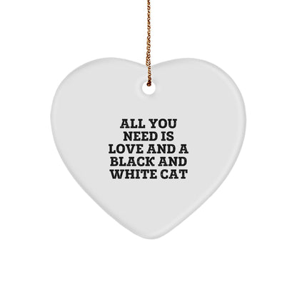 Black and White Cat Lovers Gifts from Family, Heart Ornament with Funny Quote, Unique Christmas Ornaments for Black and White Cat Enthusiasts, Gifts for Him or Her