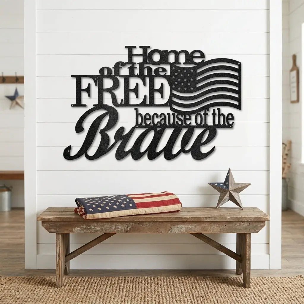 Home of the Free Because of the Brave Metal Wall Art – Patriotic American Flag Sign – Handmade Steel Indoor/Outdoor Décor