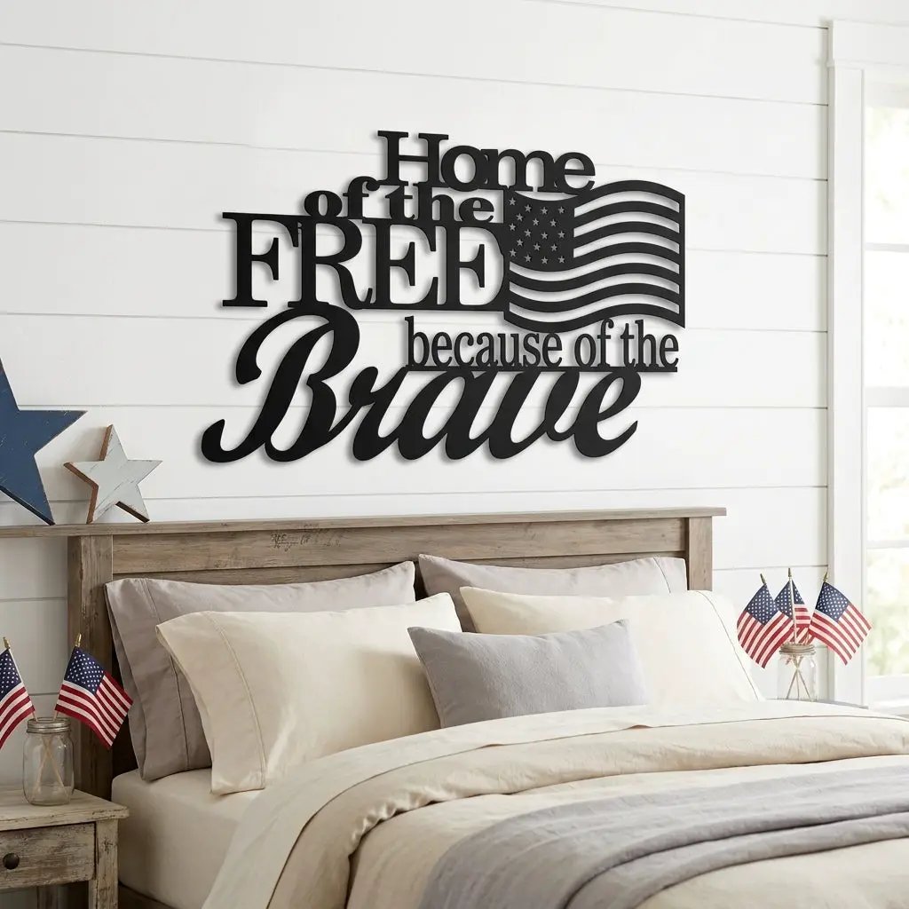 Home of the Free Because of the Brave Metal Wall Art – Patriotic American Flag Sign – Handmade Steel Indoor/Outdoor Décor