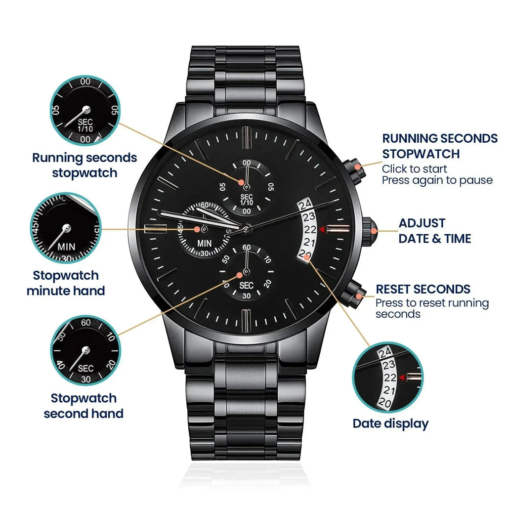 Bonus Dad Father's Day Black Chronograph Watch – Elegant Gift for Stepdad, Father Figure, Mentor – Luxury Stainless Steel Timepiece with Copper Dial & Engraved Message Card