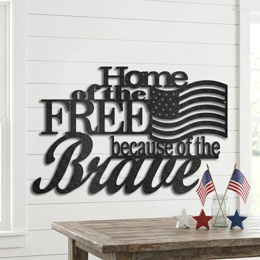 Home of the Free Because of the Brave Metal Wall Art – Patriotic American Flag Sign – Handmade Steel Indoor/Outdoor Décor