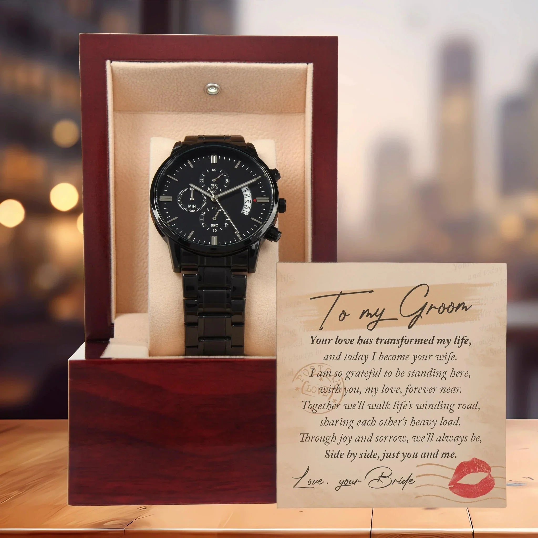 Gift to the Groom - Side by Side, Just You and Me - Black Chronograph Watch