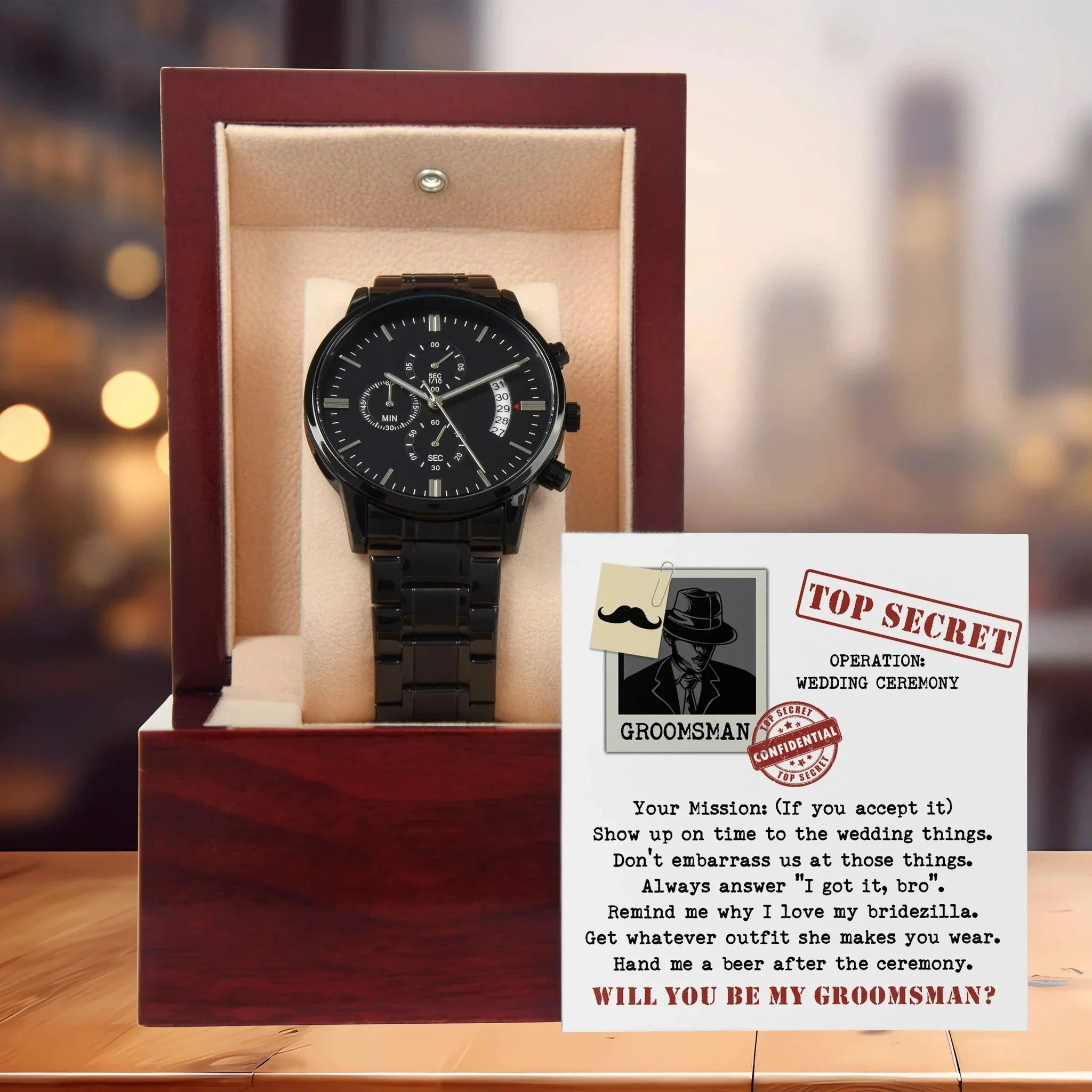 Groomsman Top Secret Mission - Black Chronograph Watch Gift Wedding Proposal Invite from Groom