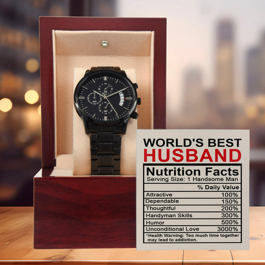 Husband Gift -Nutrition Facts - Black Chronograph Watch - Mallard Moon Gift Shop