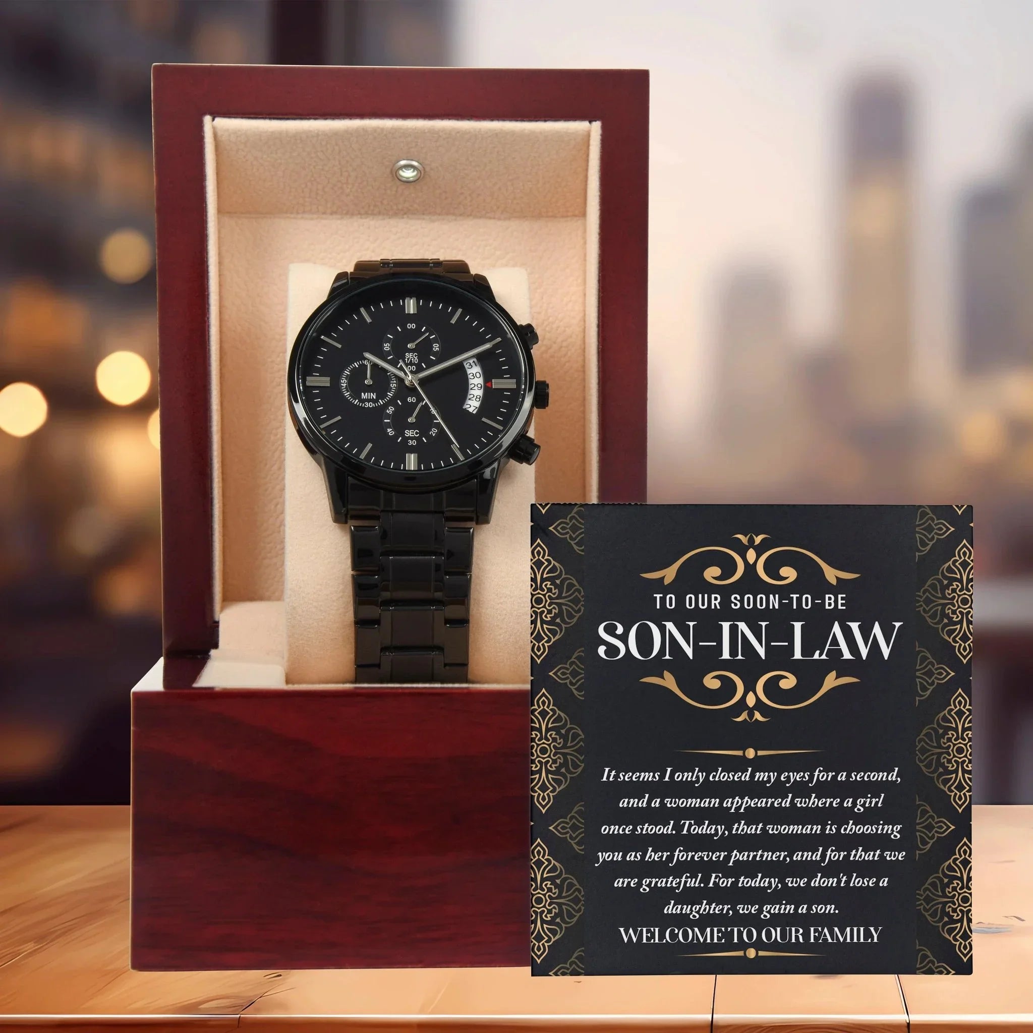 Son-in-law Wedding Day Gift You are Her Forever Partner- Black Chronograph Watch