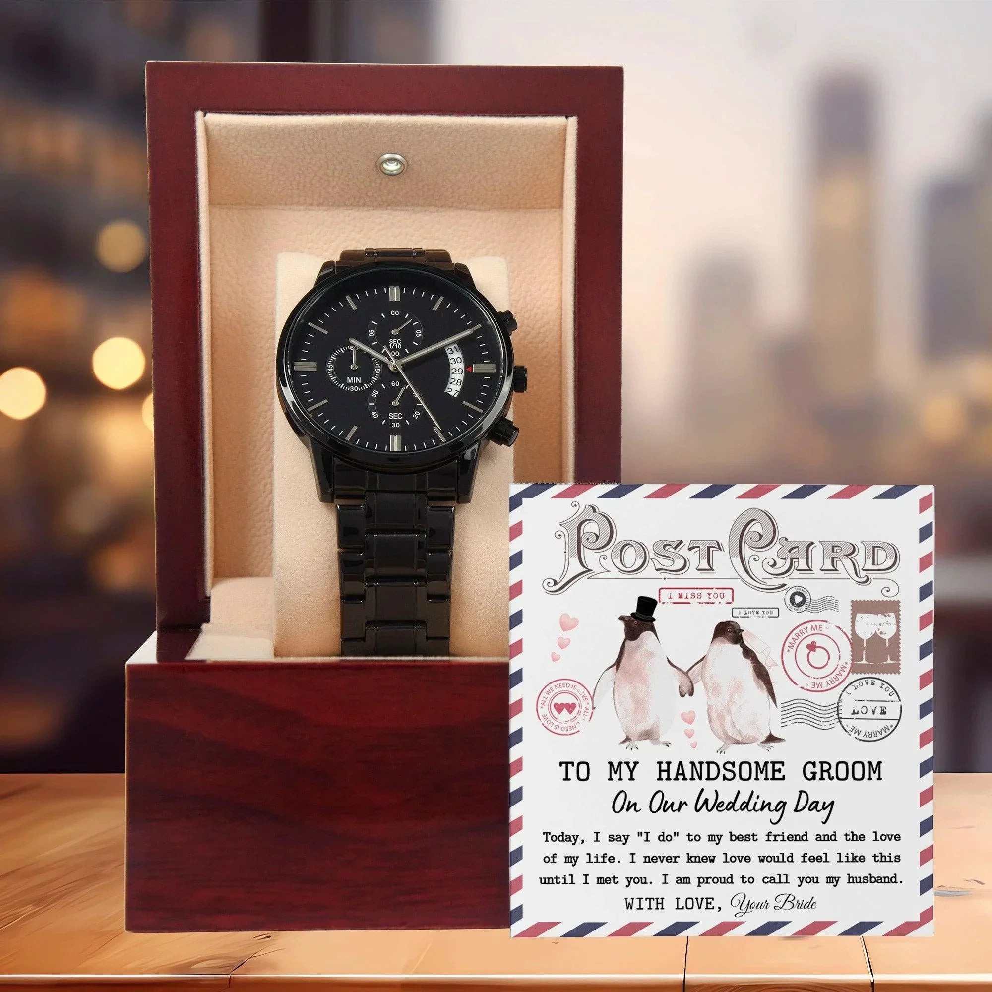 Groom Wedding Day Gift - I Met You - Black Chronograph Watch