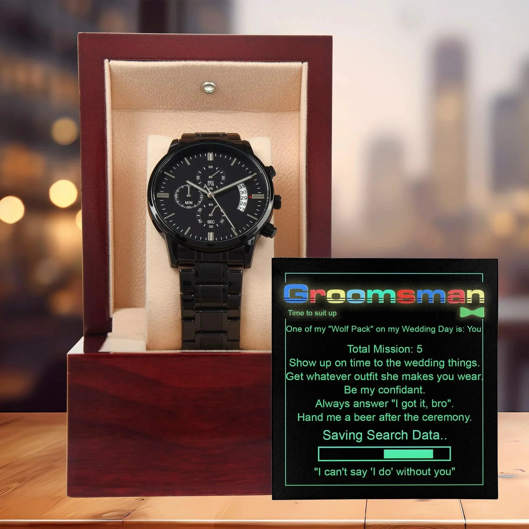 Groomsman Wedding Day Gift - Saving Search Data - Black Chronograph Watch