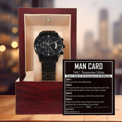 Groomsman Wedding Day Gift - Best Man - Official Recognition - Black Chronograph Watch - Mallard Moon Gift Shop