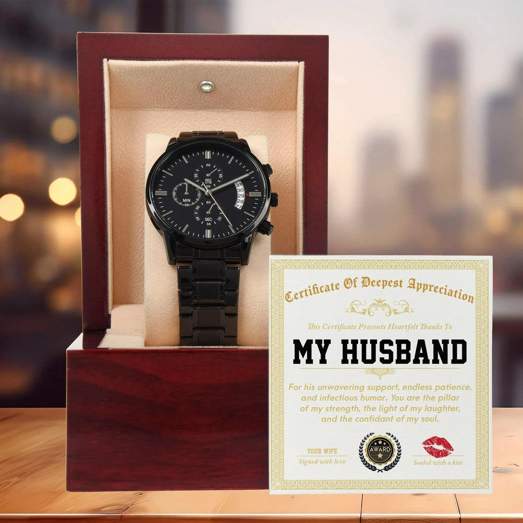 Husband Wedding Day Gift - Deepest Appreciation - Black Chronograph Watch