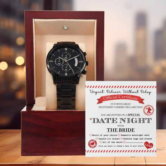 Groom Wedding Day Gift - Date Night - Black Chronograph Watch - Mallard Moon Gift Shop