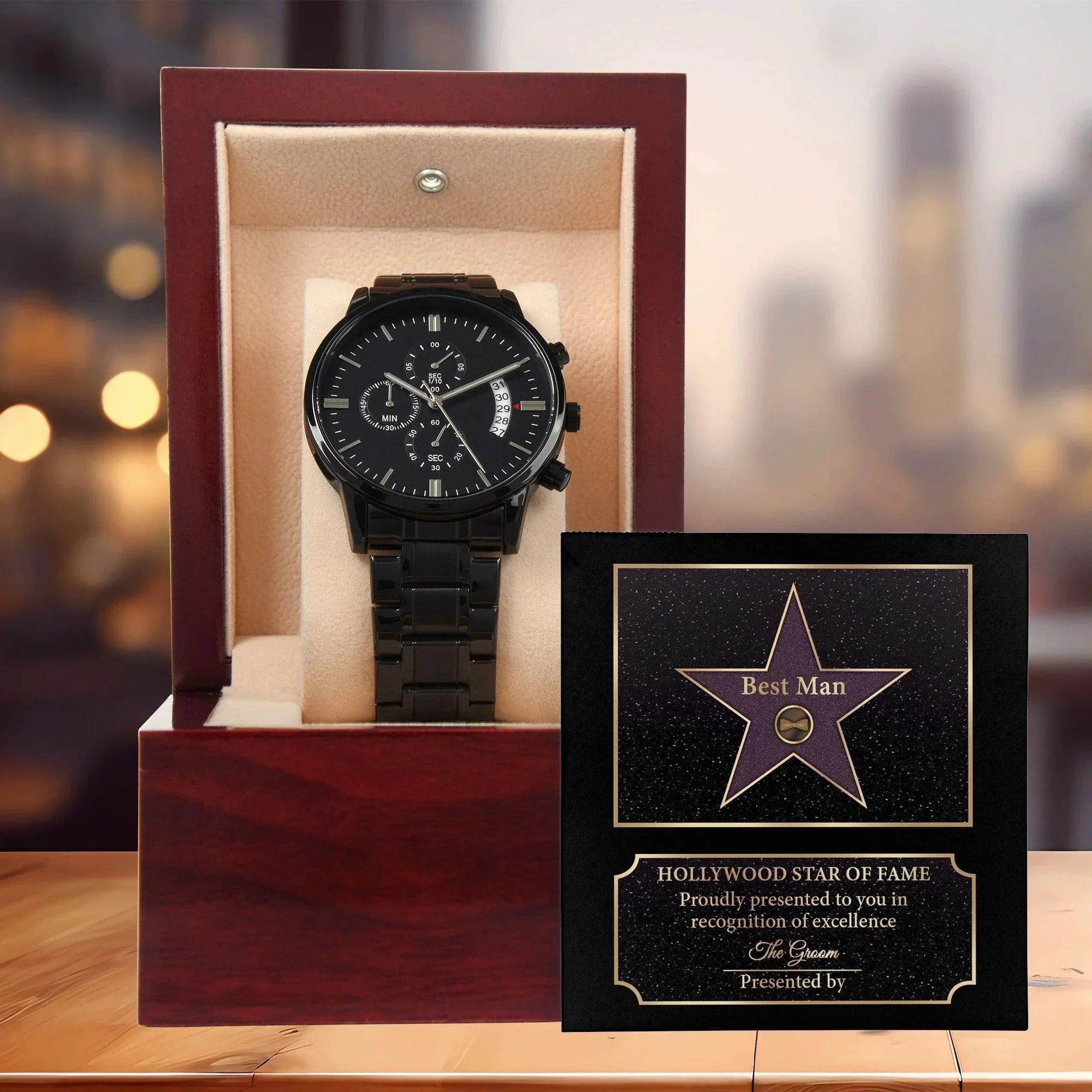 Husband Wedding Day Gift-Best Man-Star Of Fame-Black Chronograph Watch