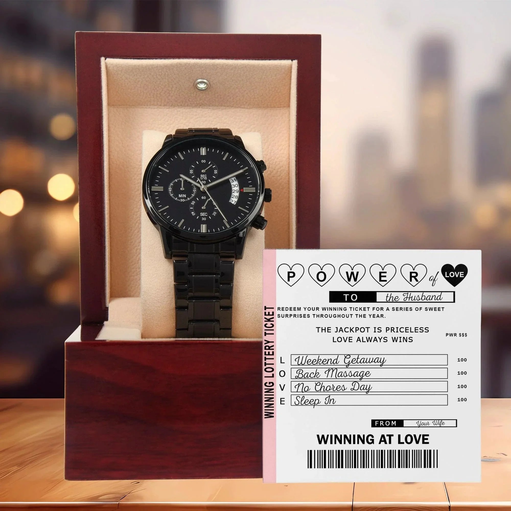 Husband Wedding Day Gift - Power of Love - Black Chronograph Watch
