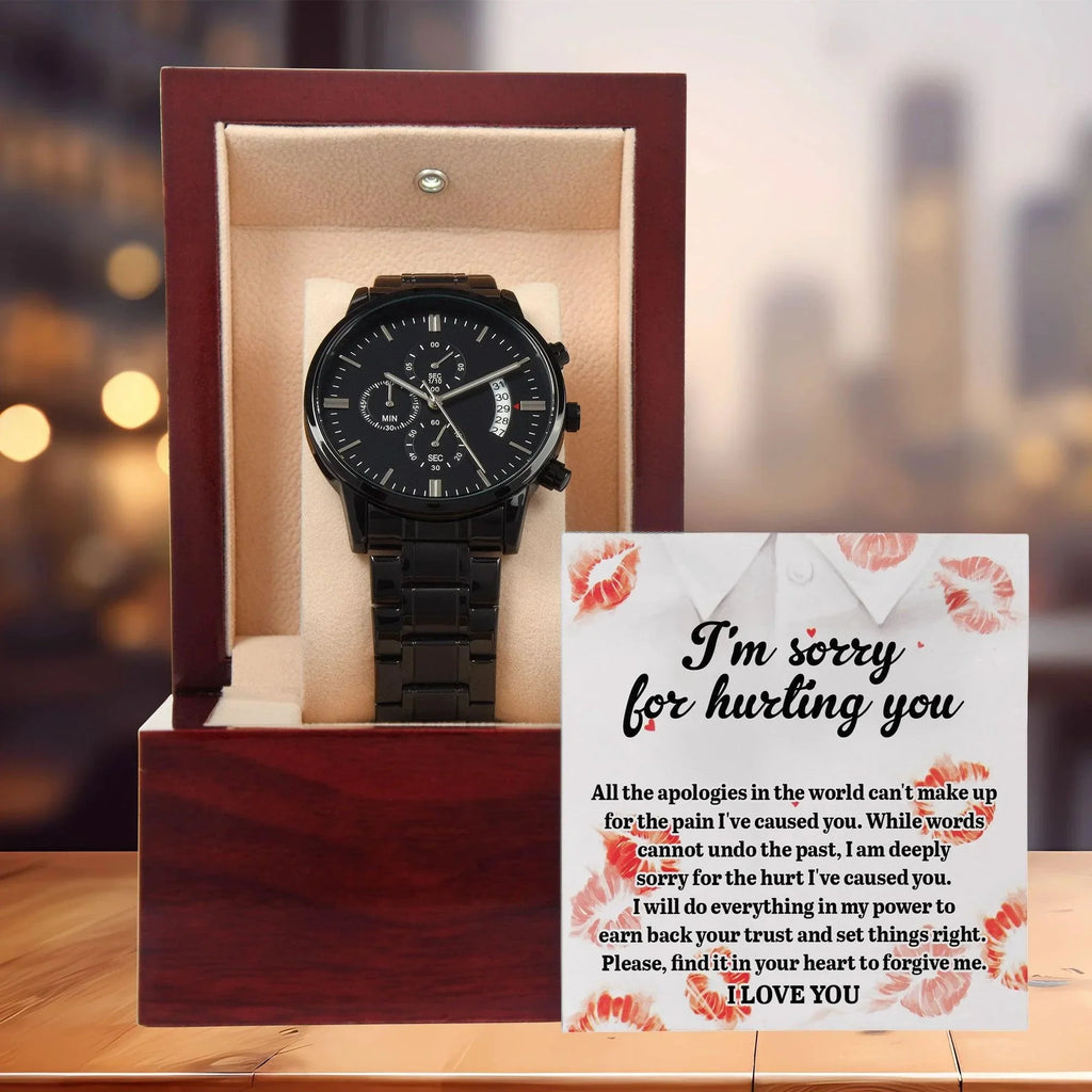 Apology Gift for Him "I'm Sorry for Hurting You" – Romantic Black Chronograph Watch with Heartfelt Message Card | Forgiveness Gift for Husband, Boyfriend, or Partner
