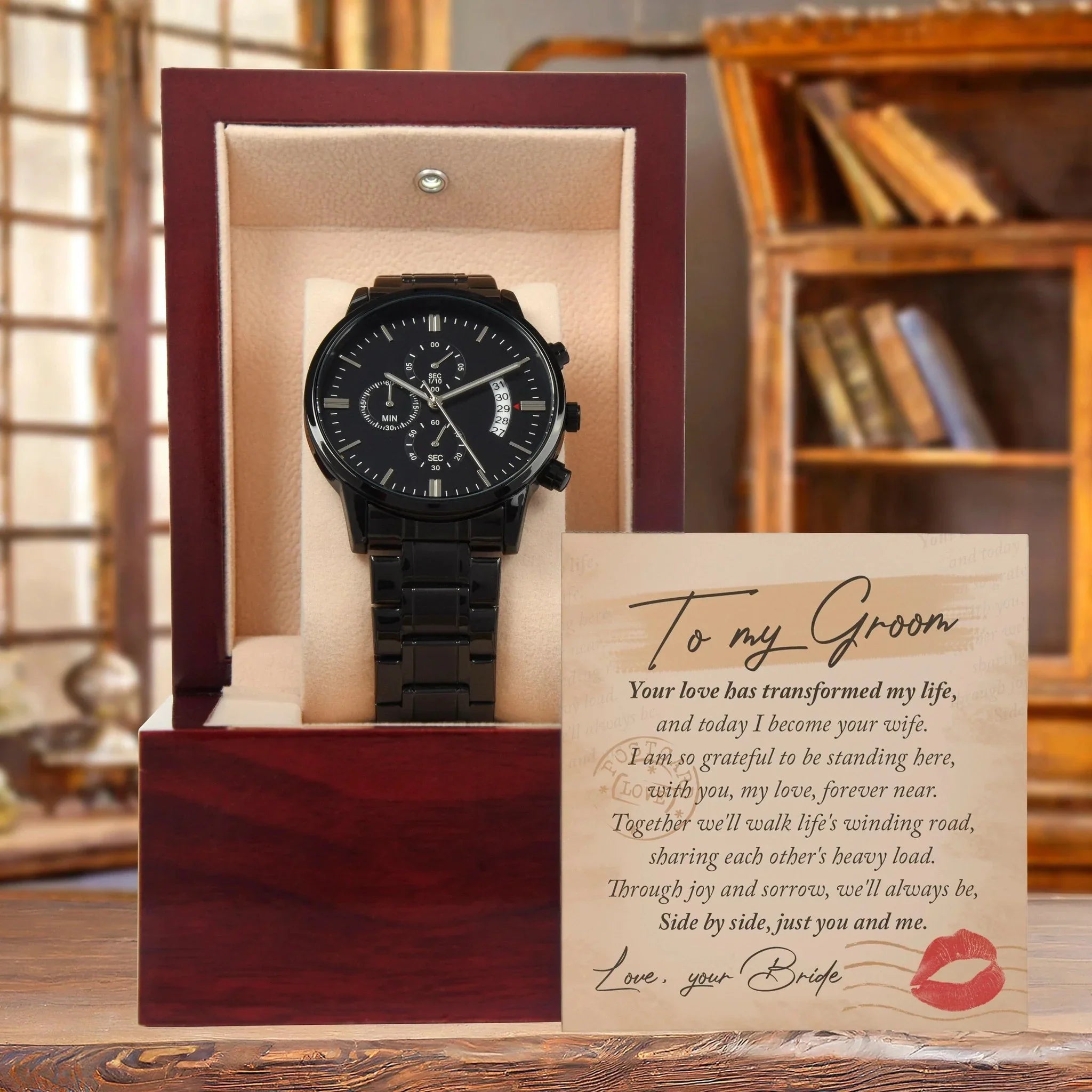 Gift to the Groom - Side by Side, Just You and Me - Black Chronograph Watch