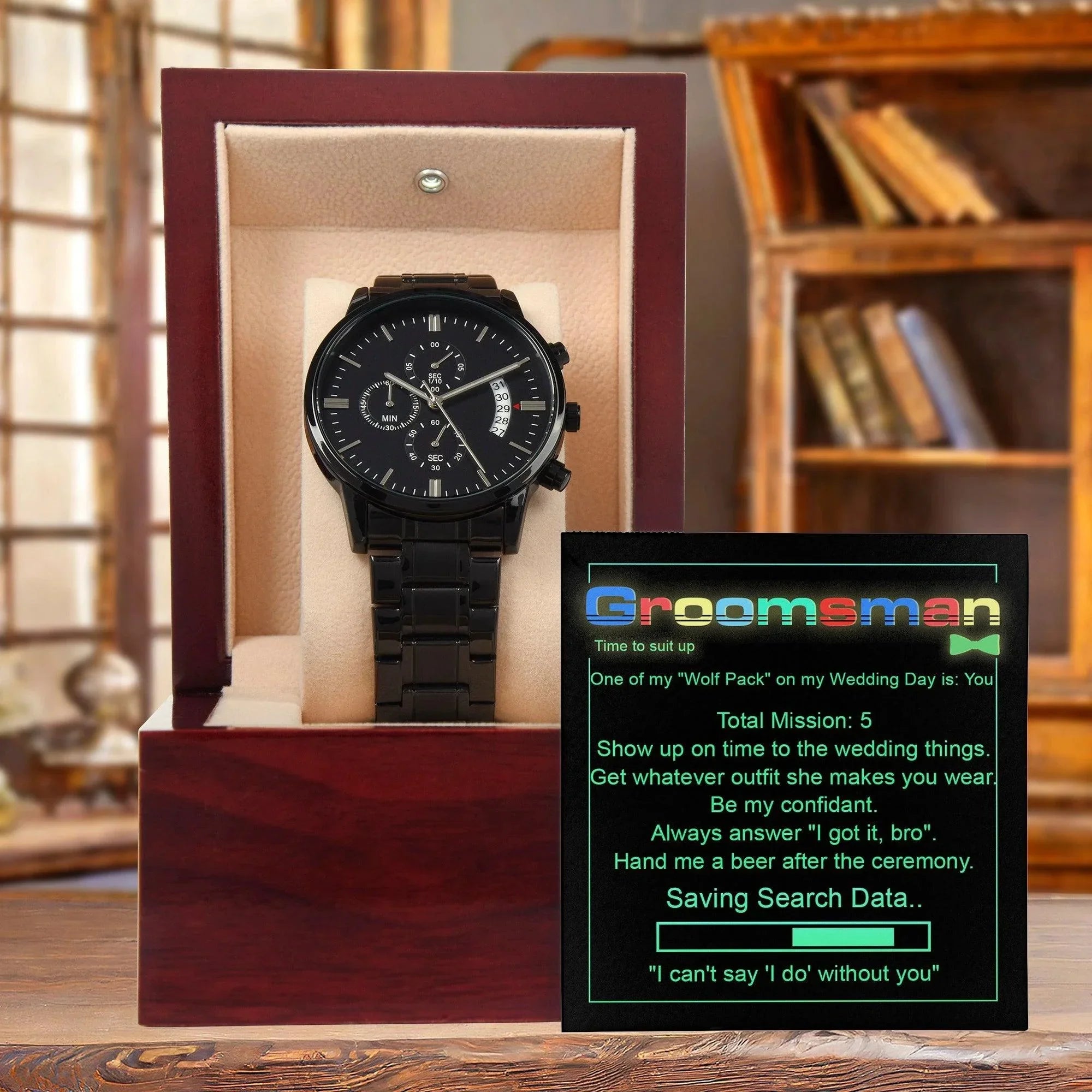 Groomsman Wedding Day Gift - Saving Search Data - Black Chronograph Watch