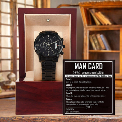 Groomsman Wedding Day Gift - Best Man - Official Recognition - Black Chronograph Watch - Mallard Moon Gift Shop