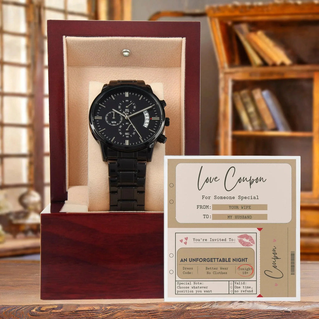 Husband Wedding Day Gift - Coupon Book - Black Chronograph Watch