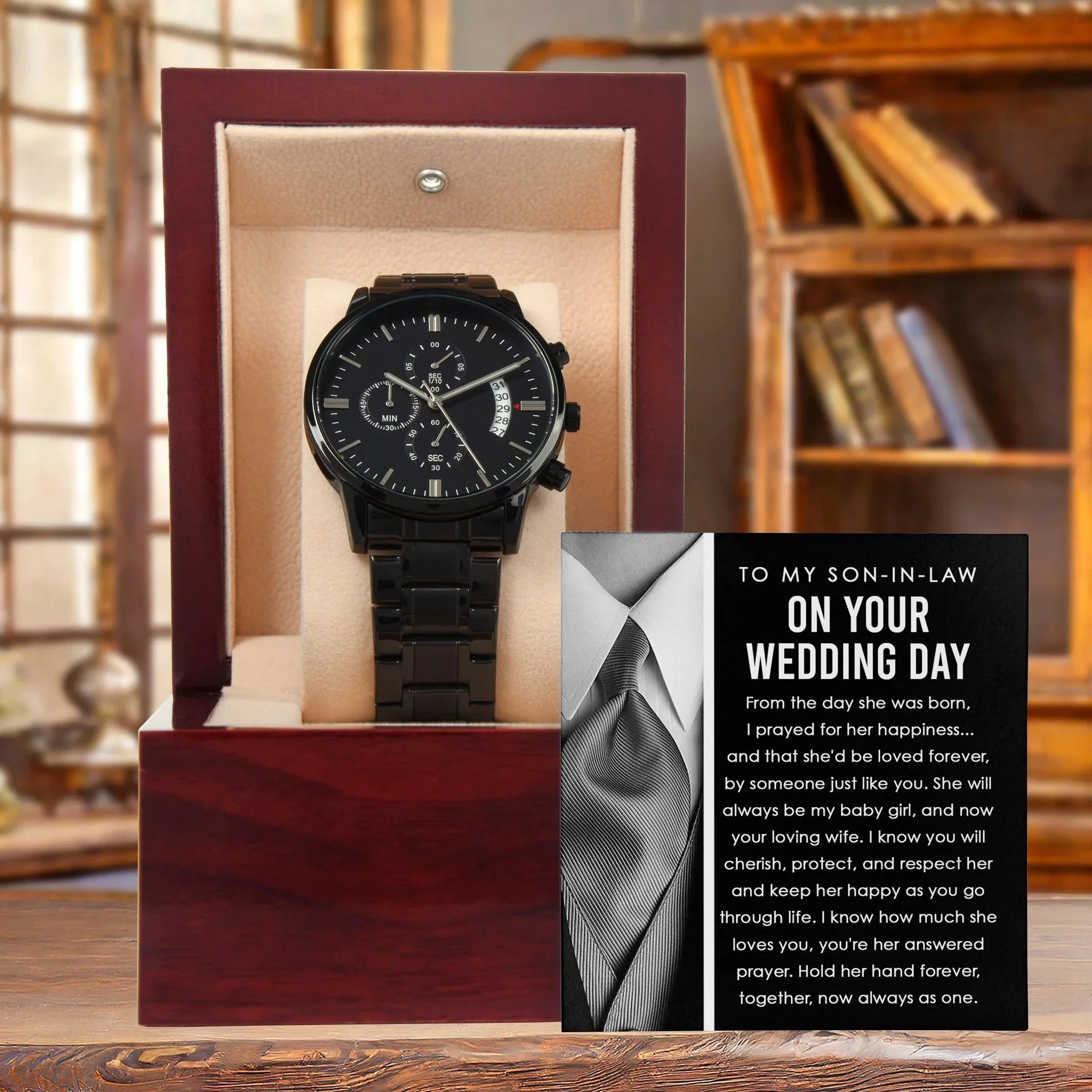 Son-in-Law Wedding Day Gift - Hold Her Hand Forever - Black Chronograph Watch