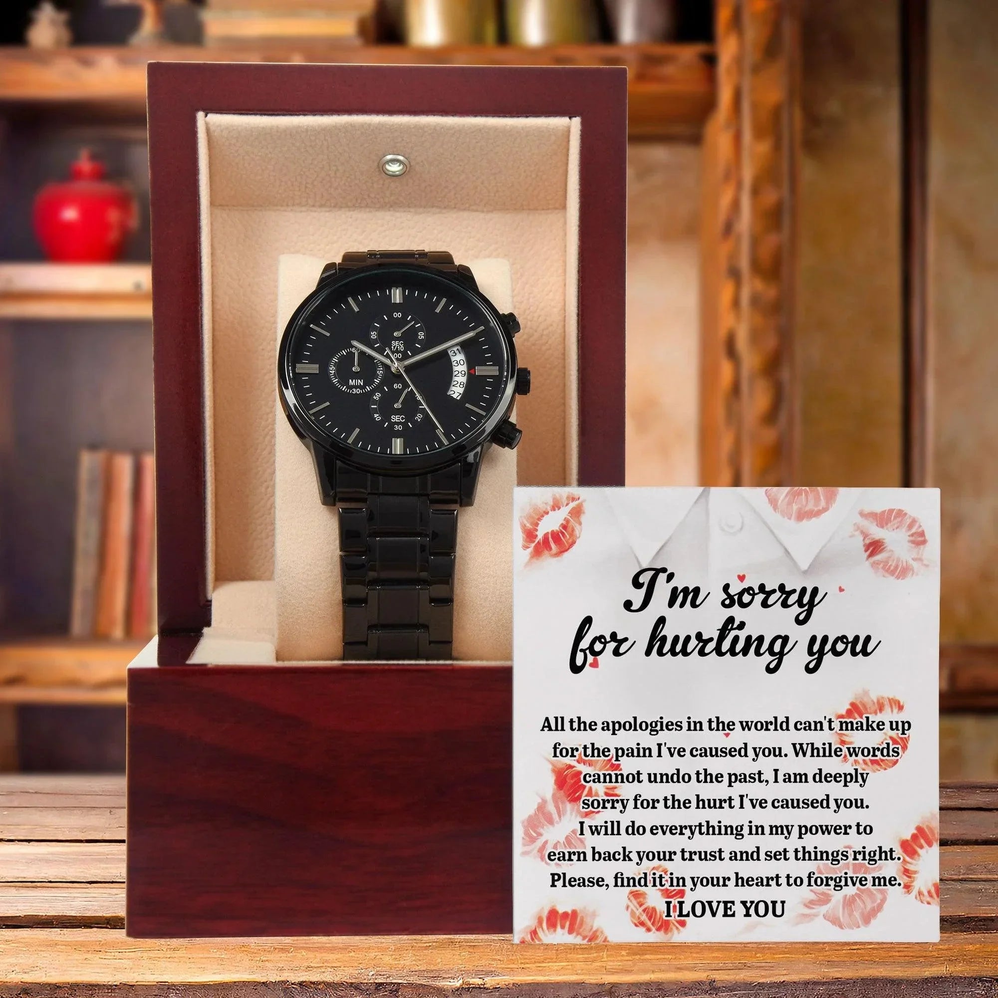 Apology Gift for Him "I'm Sorry for Hurting You" – Romantic Black Chronograph Watch with Heartfelt Message Card | Forgiveness Gift for Husband, Boyfriend, or Partner