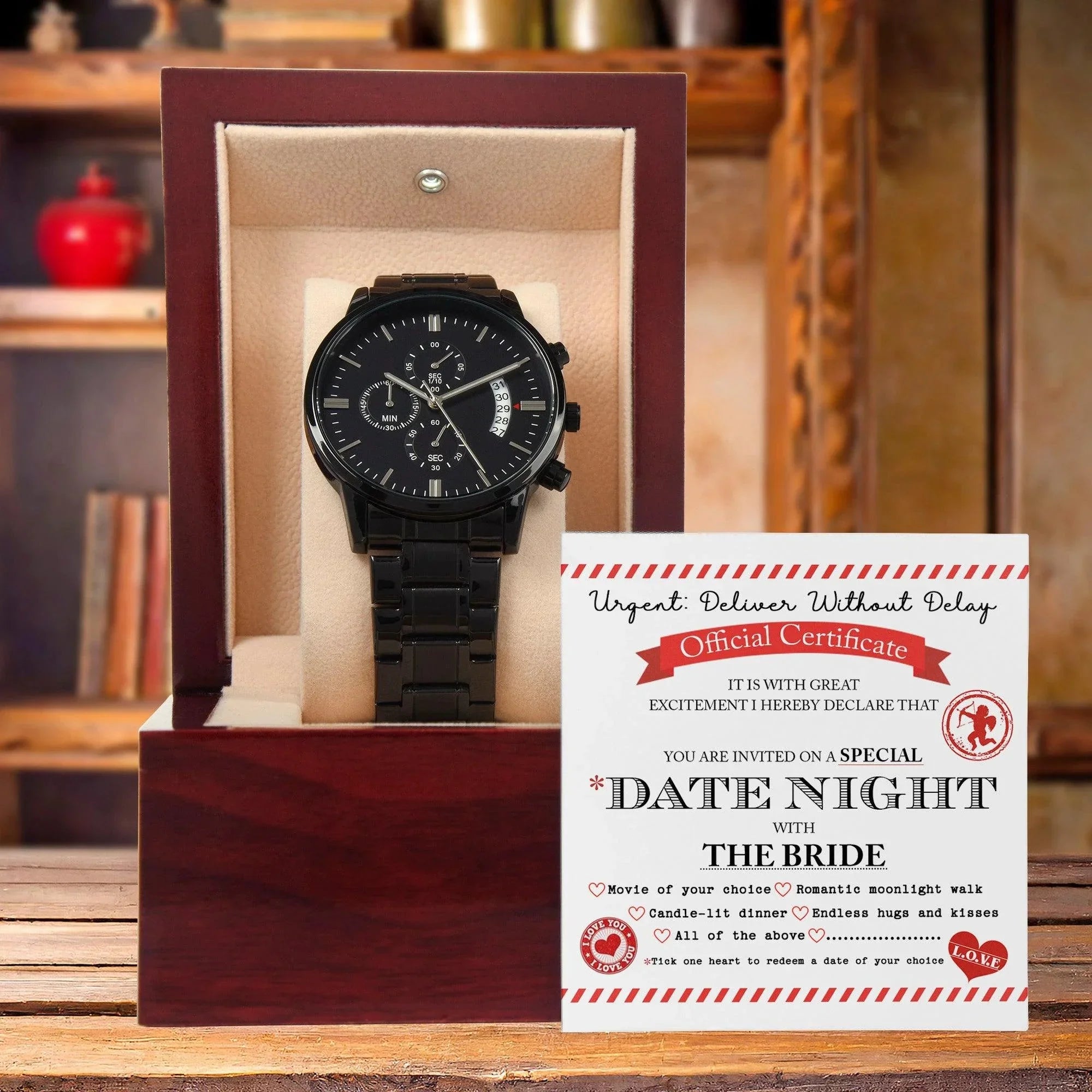 Groom Wedding Day Gift - Date Night - Black Chronograph Watch