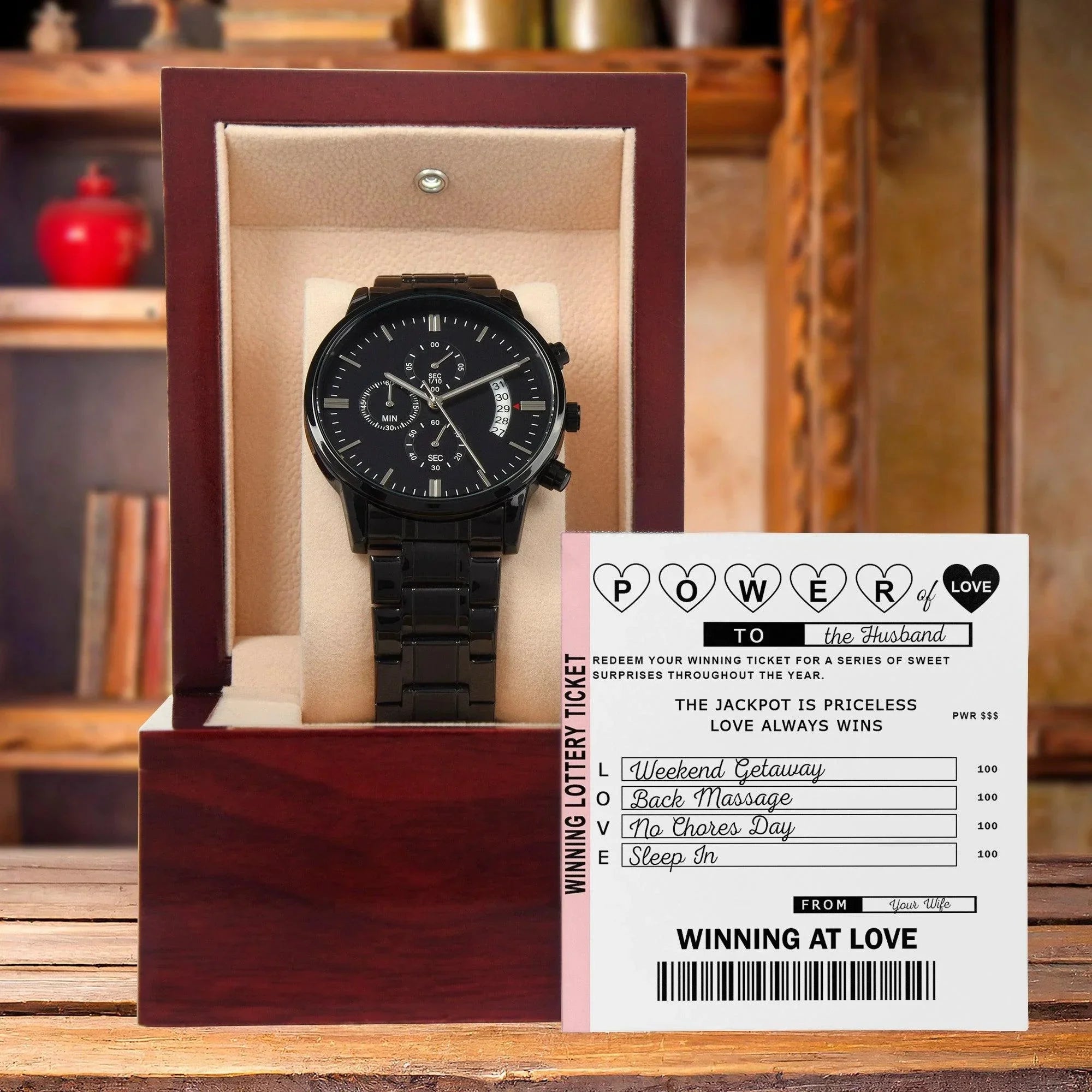Husband Wedding Day Gift - Power of Love - Black Chronograph Watch