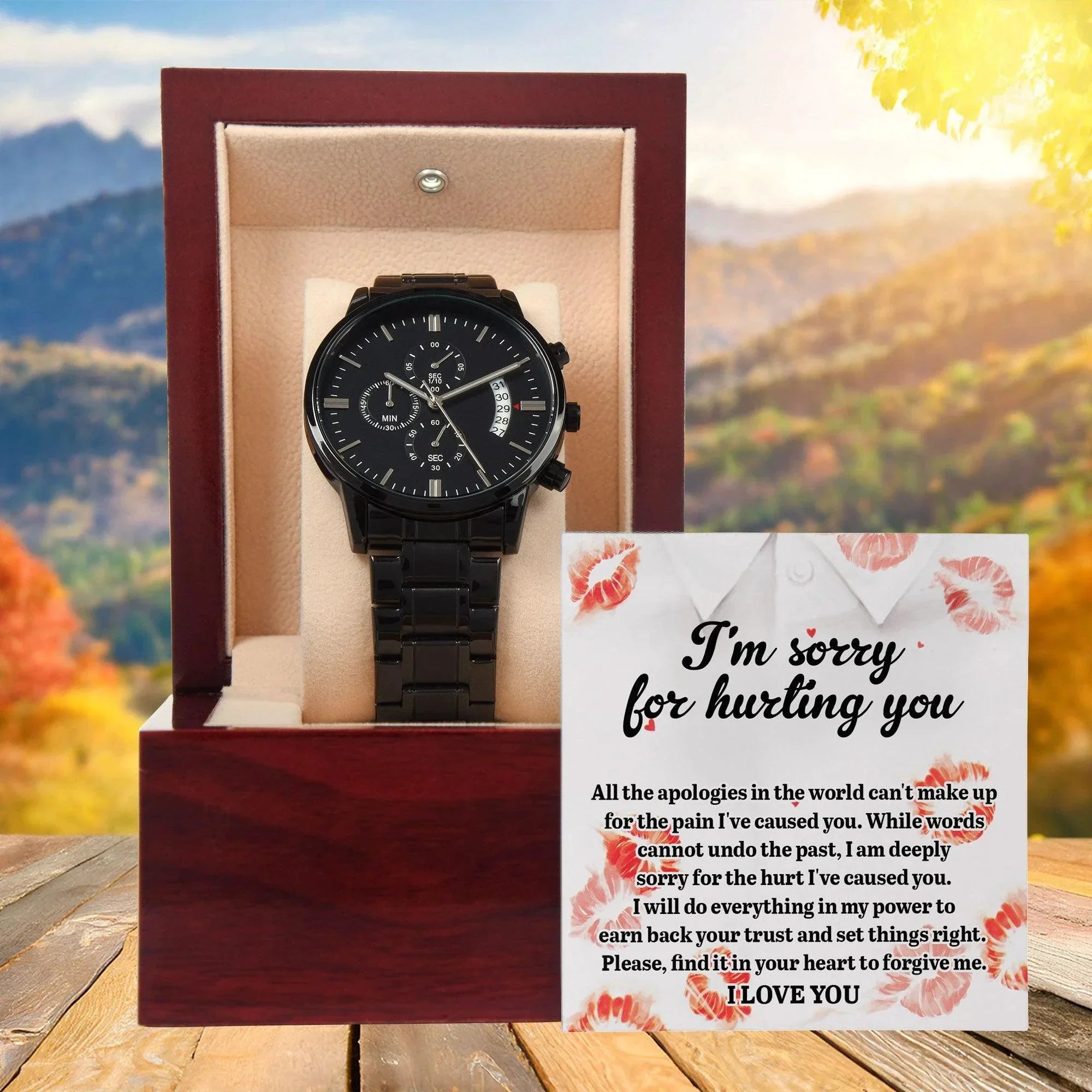 Apology Gift for Him "I'm Sorry for Hurting You" – Romantic Black Chronograph Watch with Heartfelt Message Card | Forgiveness Gift for Husband, Boyfriend, or Partner