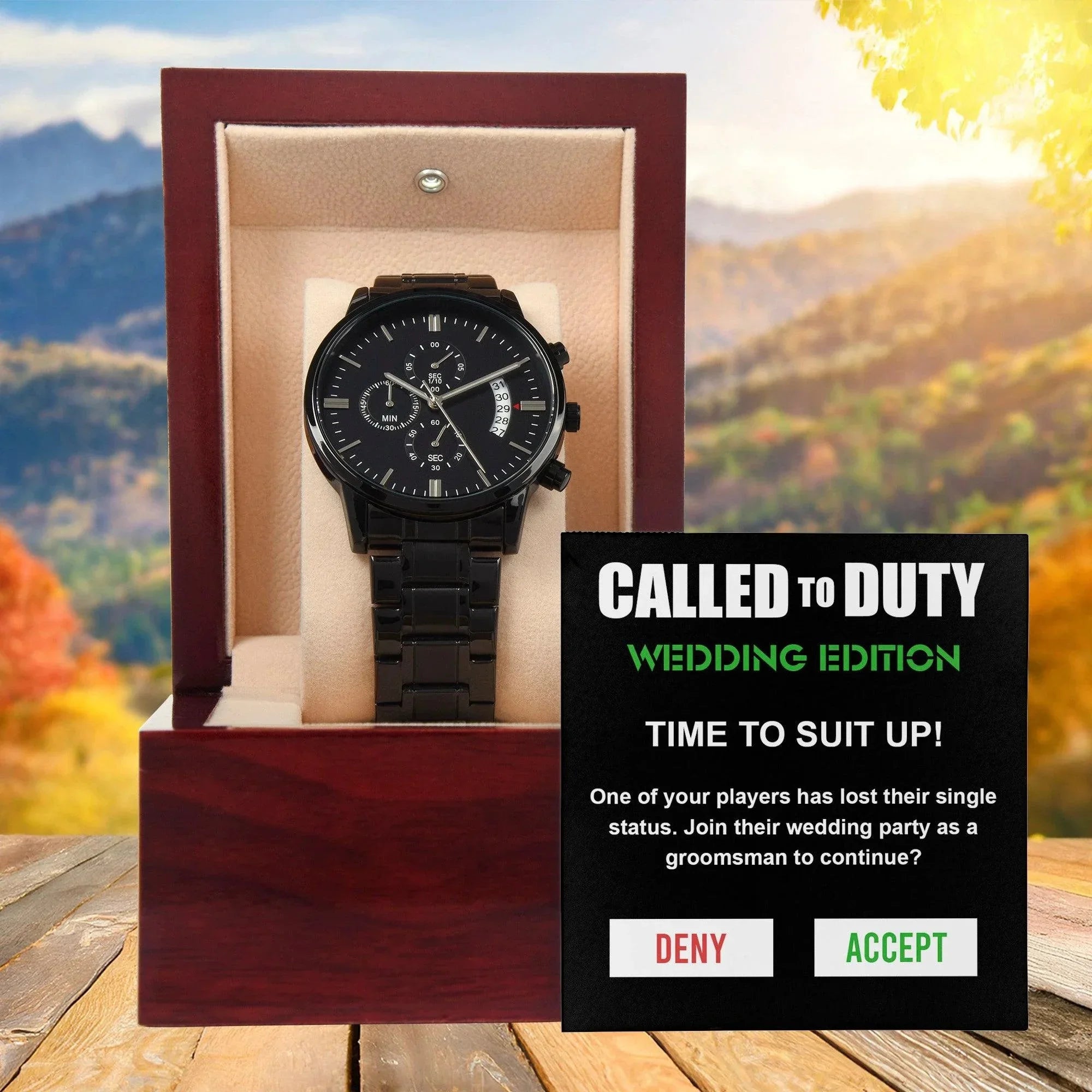 Groomsman Called To Duty Time to Suit Up Wedding Party Invite Black Chronograph Watch