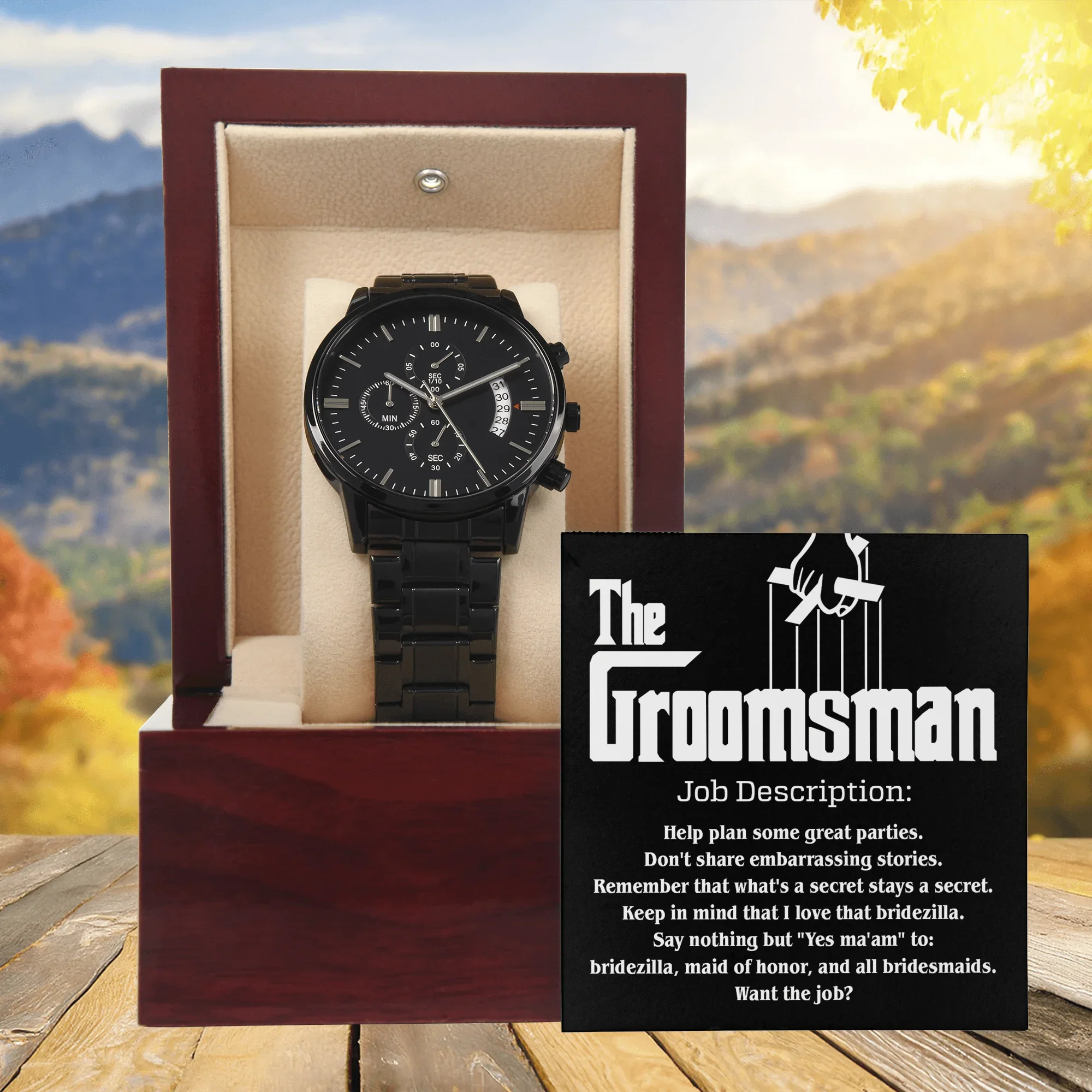 Groomsman Job Description Secrets Stay a Secret - Black Chronograph Watch Wedding Proposal from Groom