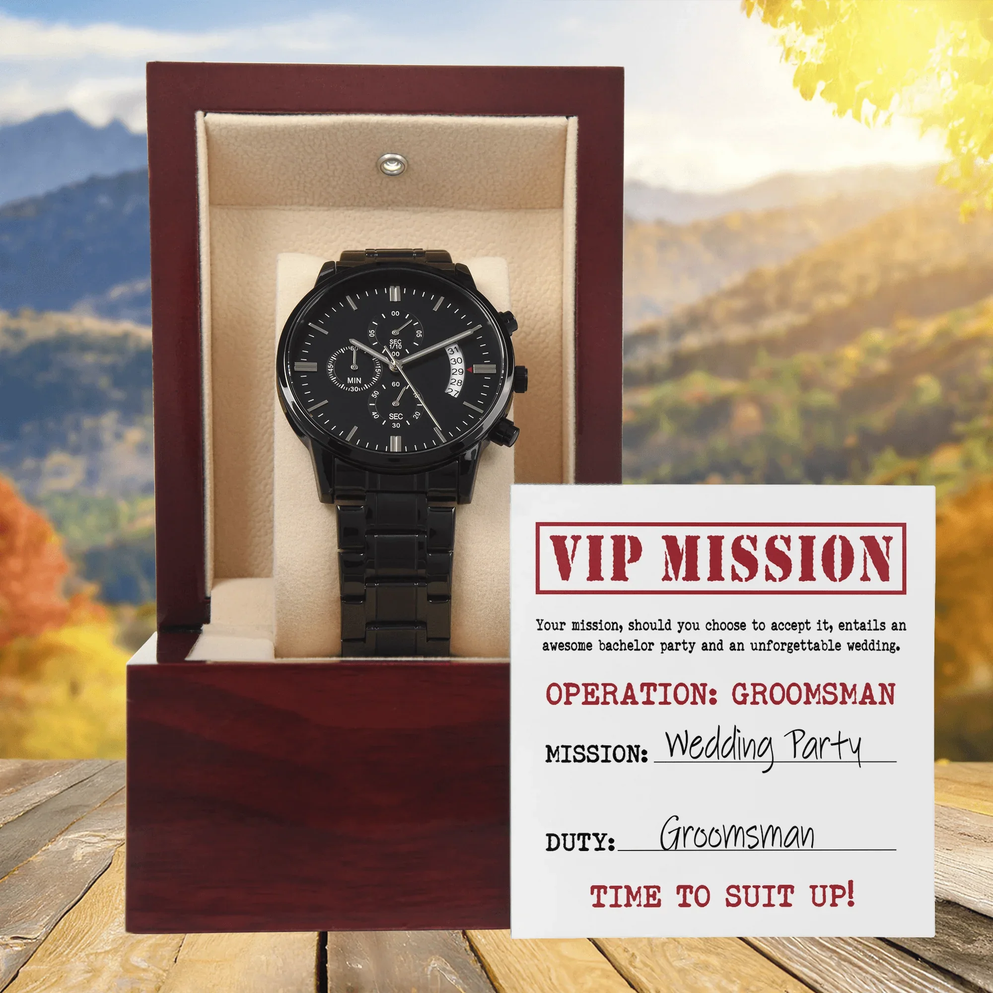 Groomsman Wedding Invite - VIP Mission Operation Groomsman - Black Chronograph Watch