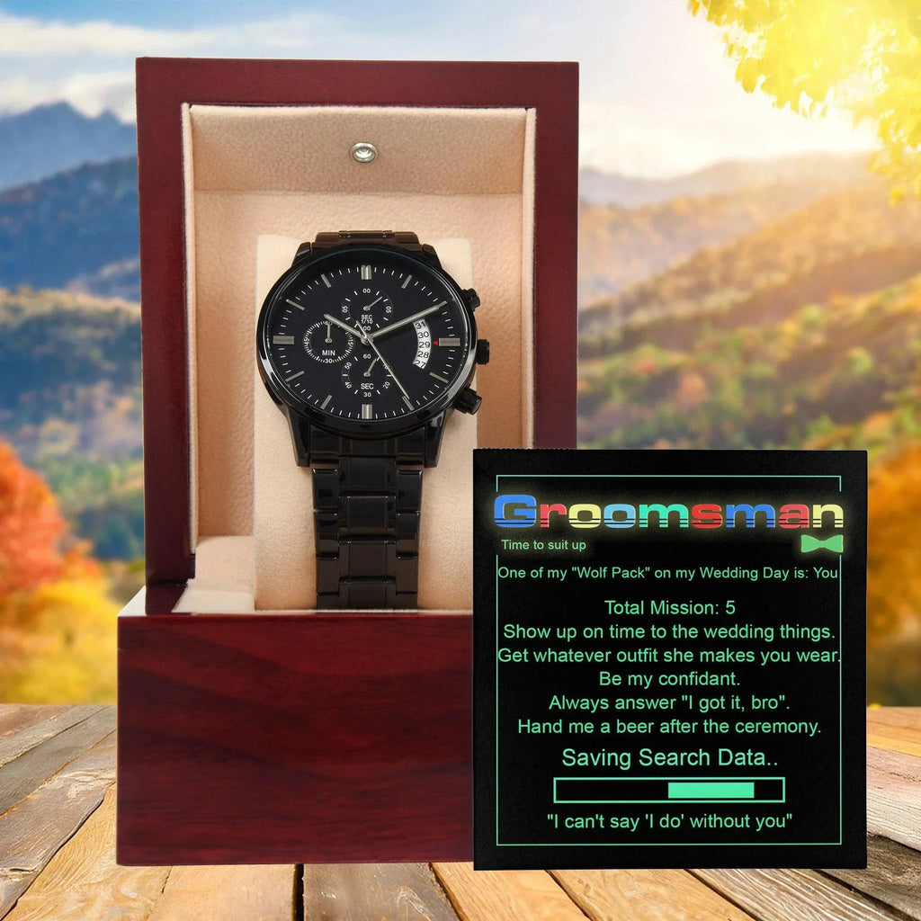 Groomsman Wedding Day Gift - Saving Search Data - Black Chronograph Watch