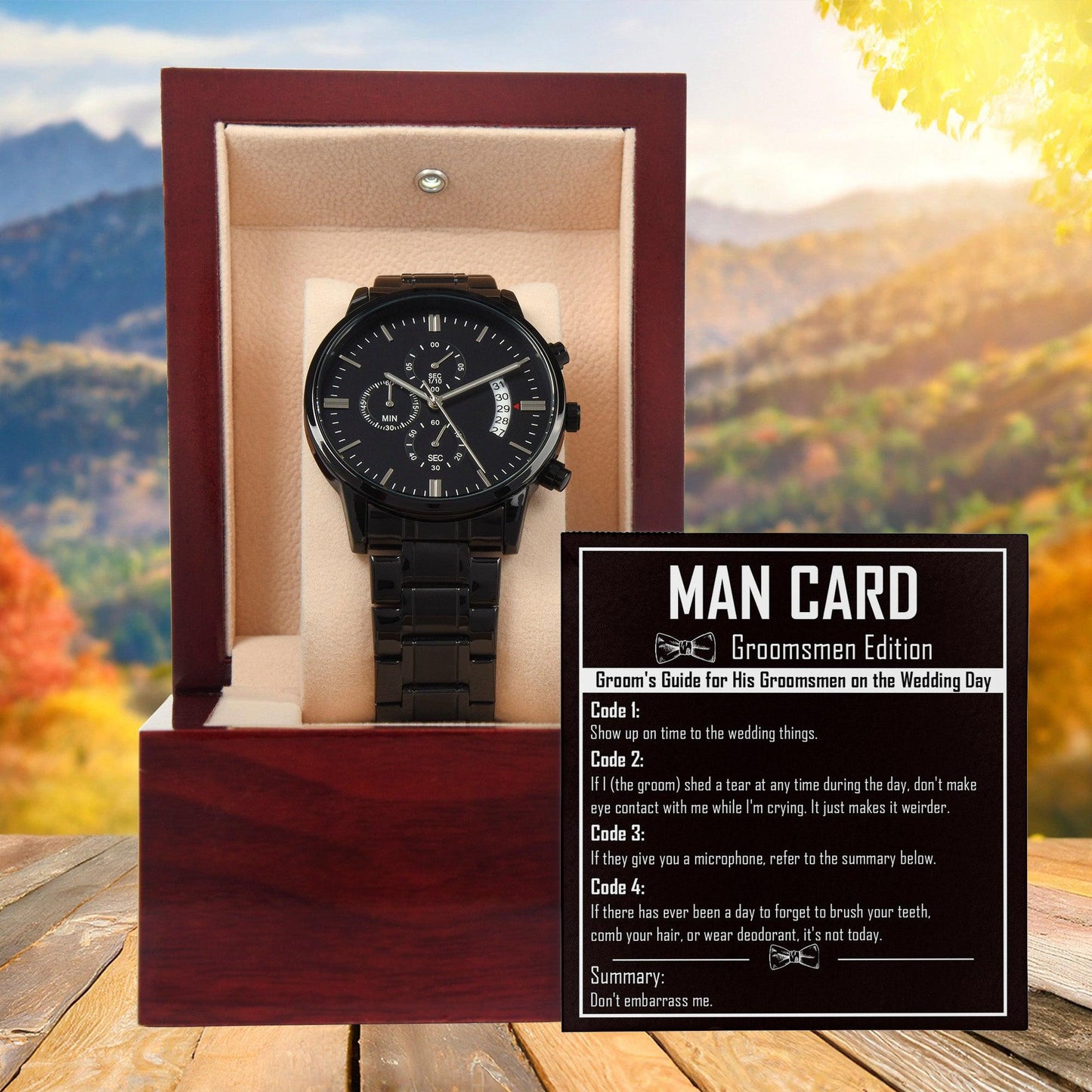 Groomsman Wedding Day Gift - Best Man - Official Recognition - Black Chronograph Watch - Mallard Moon Gift Shop