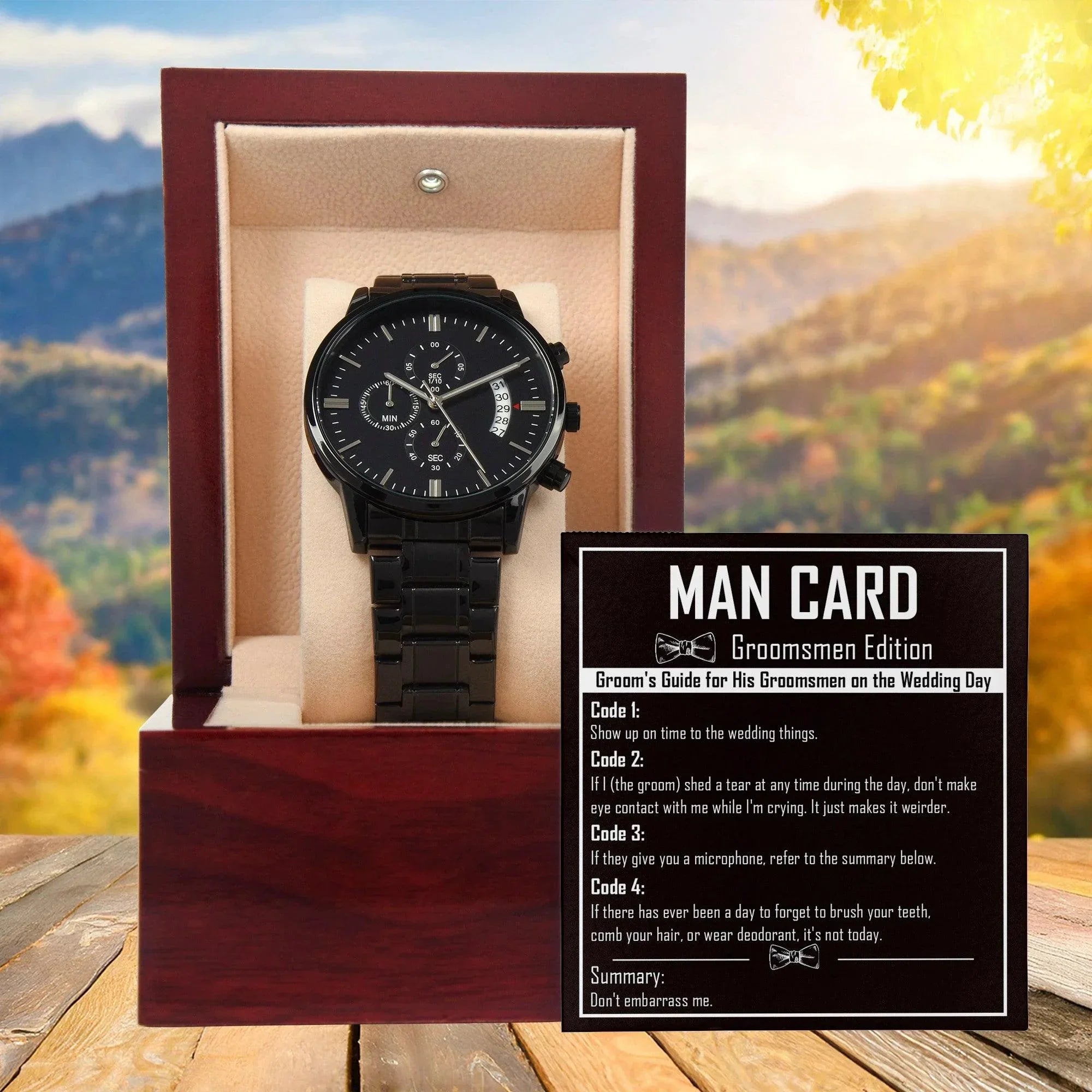 Groomsman Wedding Day Gift - Best Man - Official Recognition - Black Chronograph Watch