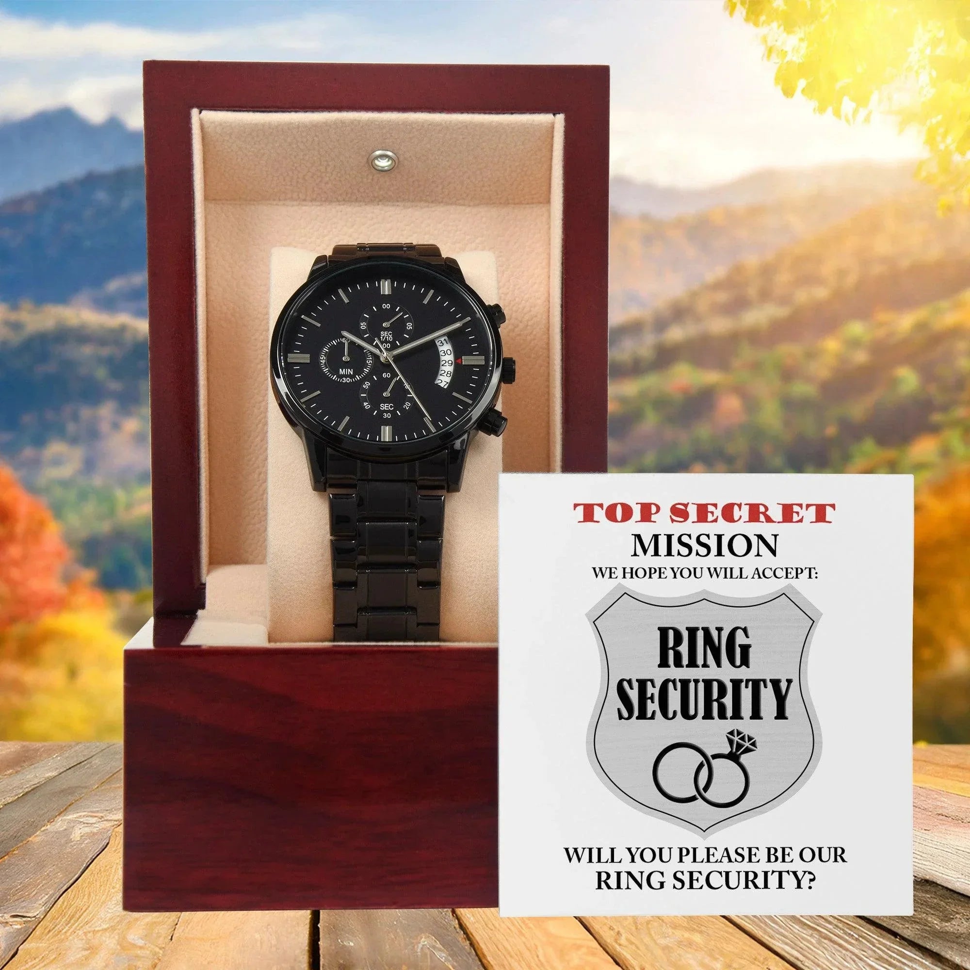Gift for Best Man Top Secret Mission Ring Security Wedding Party Invite Black Chronograph Watch